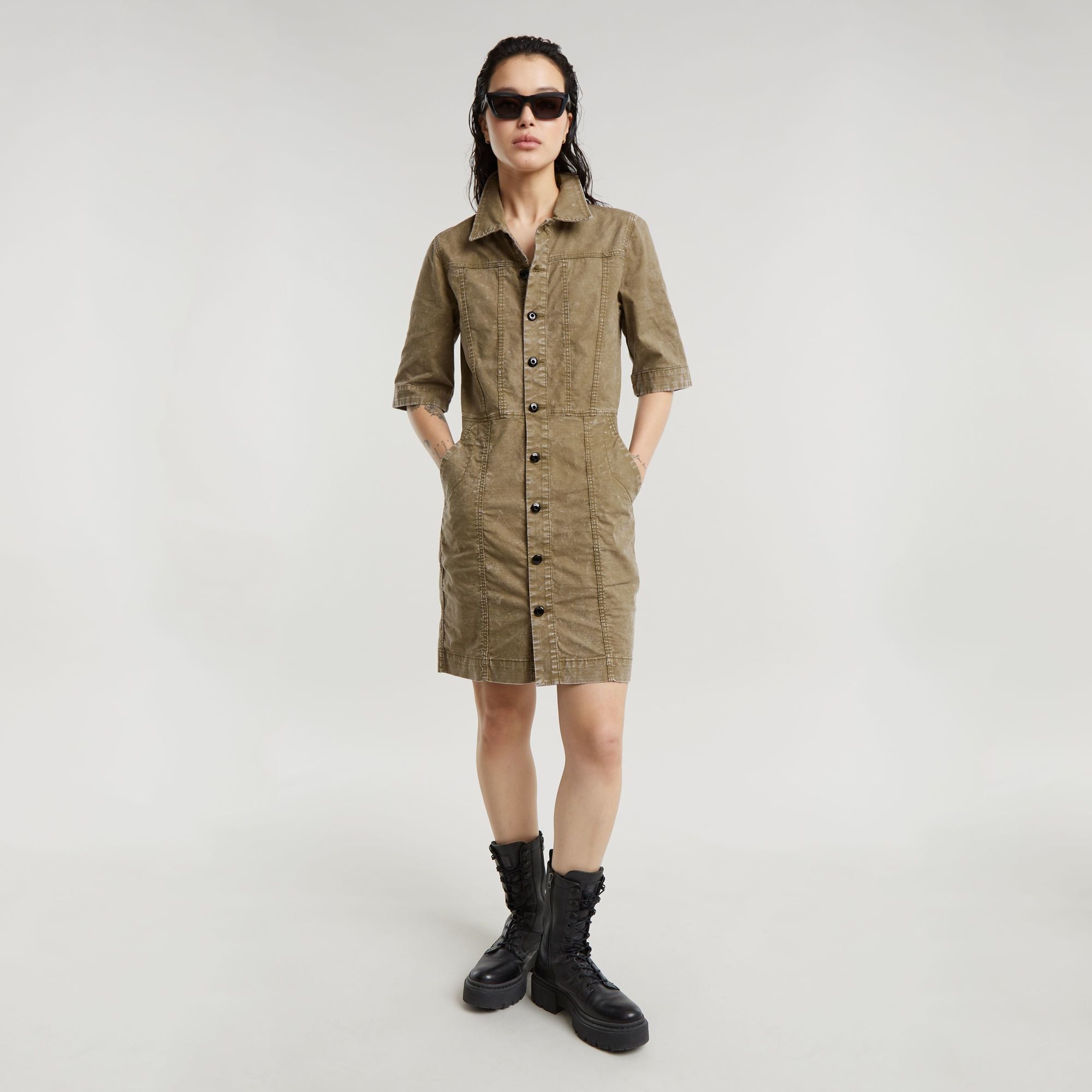 G-Star Raw Button Through SS Dress Antic Green - Main Image