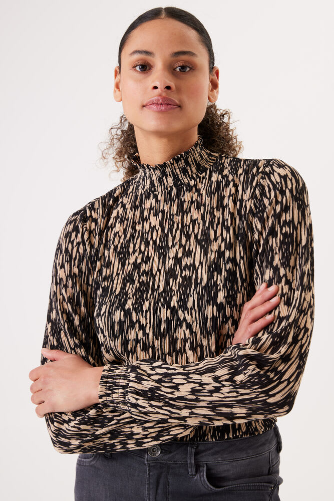 Garcia - Beige Crepe Mock Neck LS Blouse - Black
