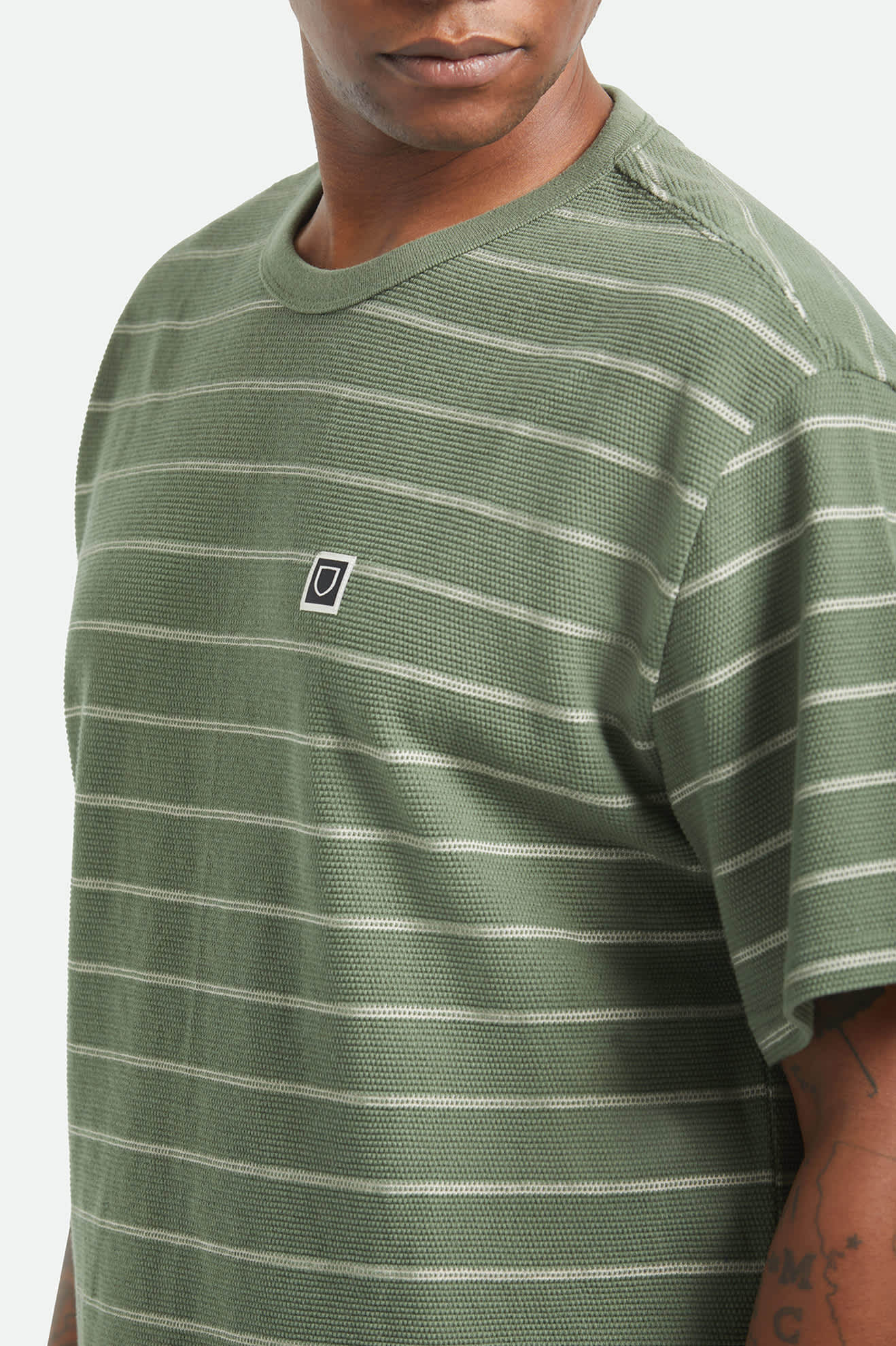 Brixton - Shield Pique Stripe Boxy Tee - Dark Olive/Whitecap