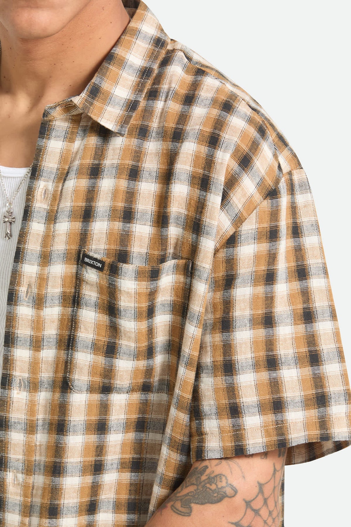 Brixton - Cru Linen Blend Plaid SS Shirt - Black/Tobacco Plaid