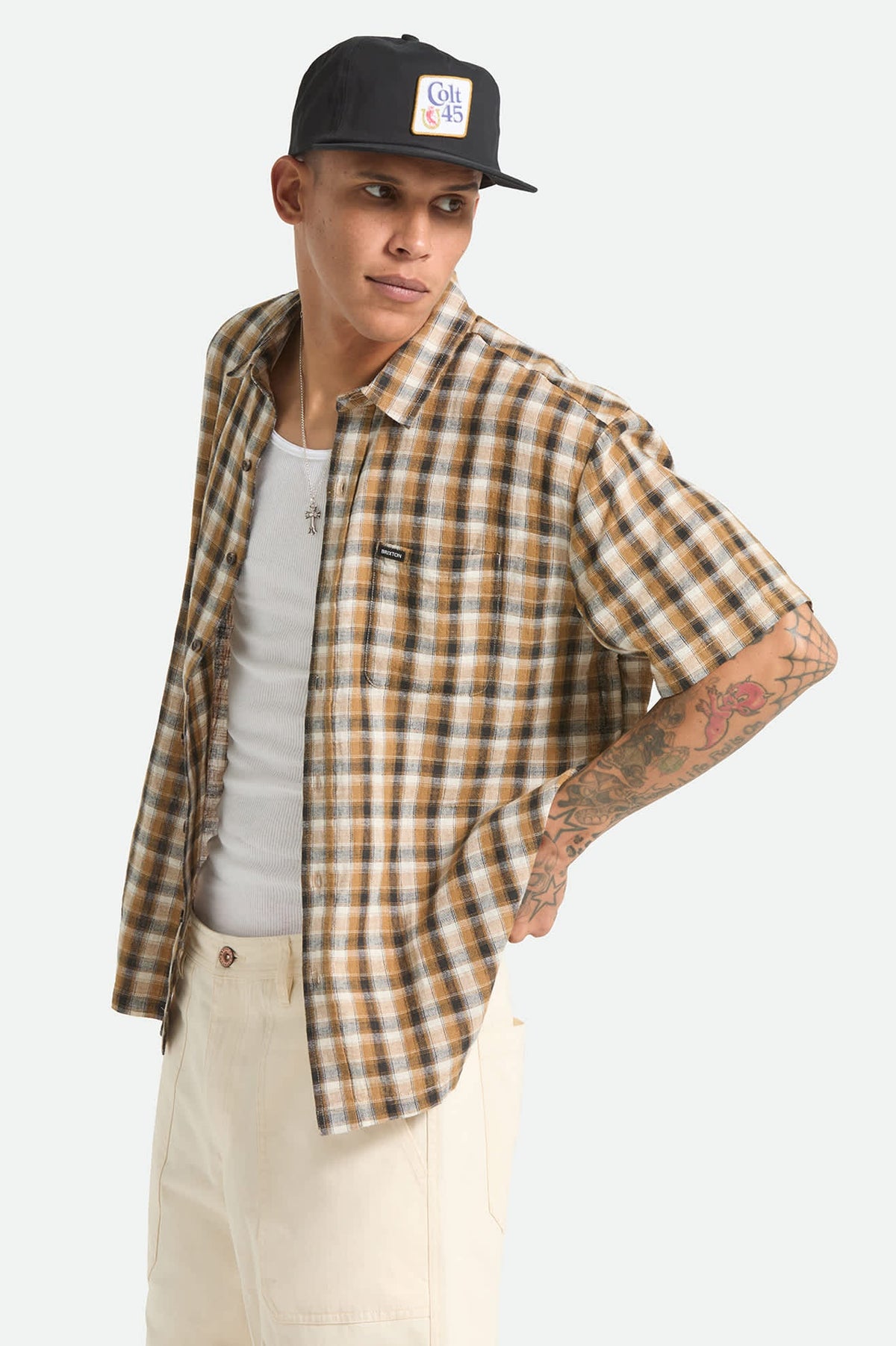 Brixton - Cru Linen Blend Plaid SS Shirt - Black/Tobacco Plaid