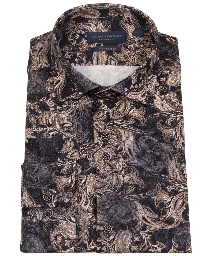 Guide London - Paisley LS Shirt - Navy/Tan