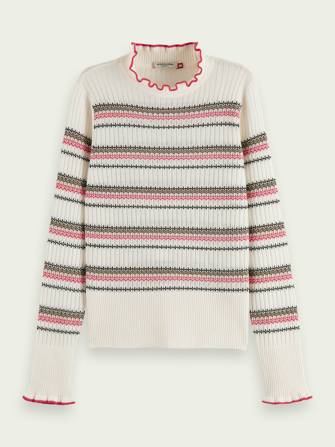 Maison Scotch - Fair Isle Stripe Ruffled Pullover - Vanilla