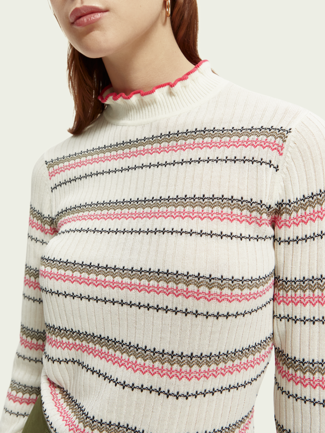 Maison Scotch - Fair Isle Stripe Ruffled Pullover - Vanilla