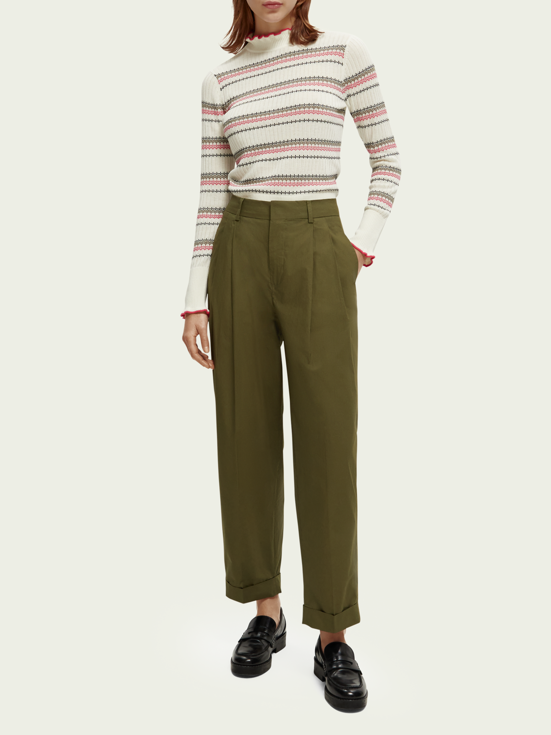 Maison Scotch - Fair Isle Stripe Ruffled Pullover - Vanilla