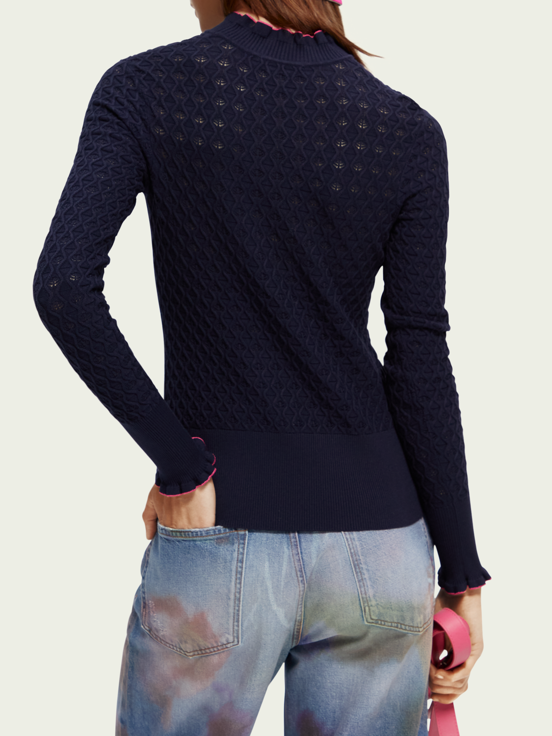 Maison Scotch - Slim Fit Ruffled Pointelle Pullover - Navy