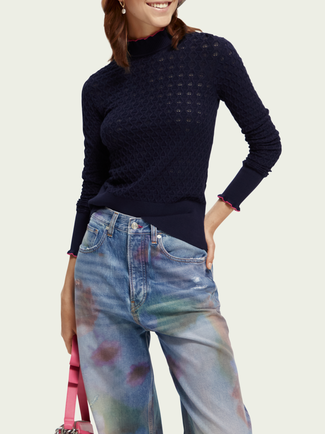 Maison Scotch Slim Fit Ruffled Pointelle Pullover Navy