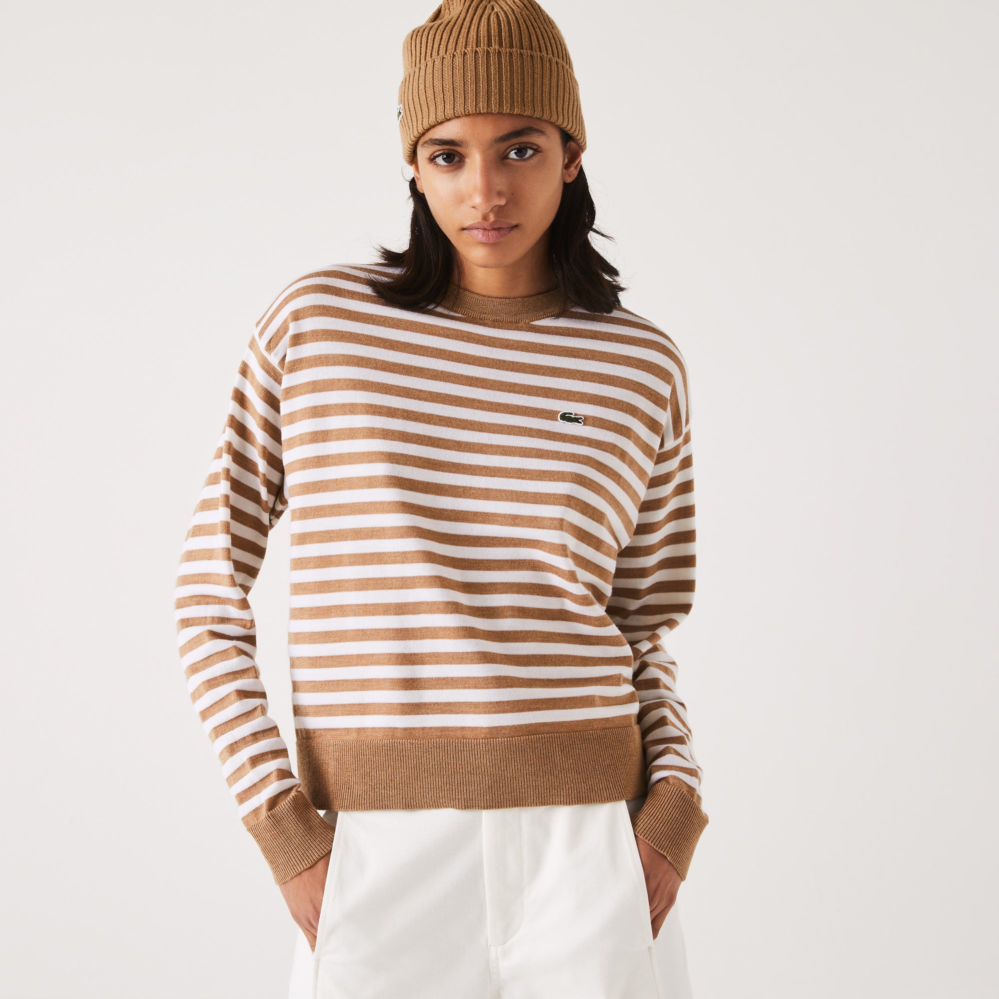 Lacoste striped sleeve hot sale crew sweater