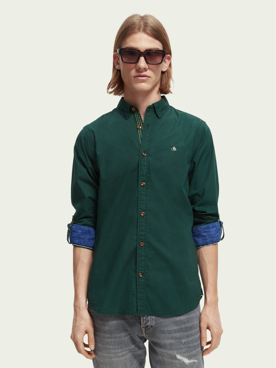 Scotch Soda Slim Fit Contrast Trim Poplin Shirt Preppy Green