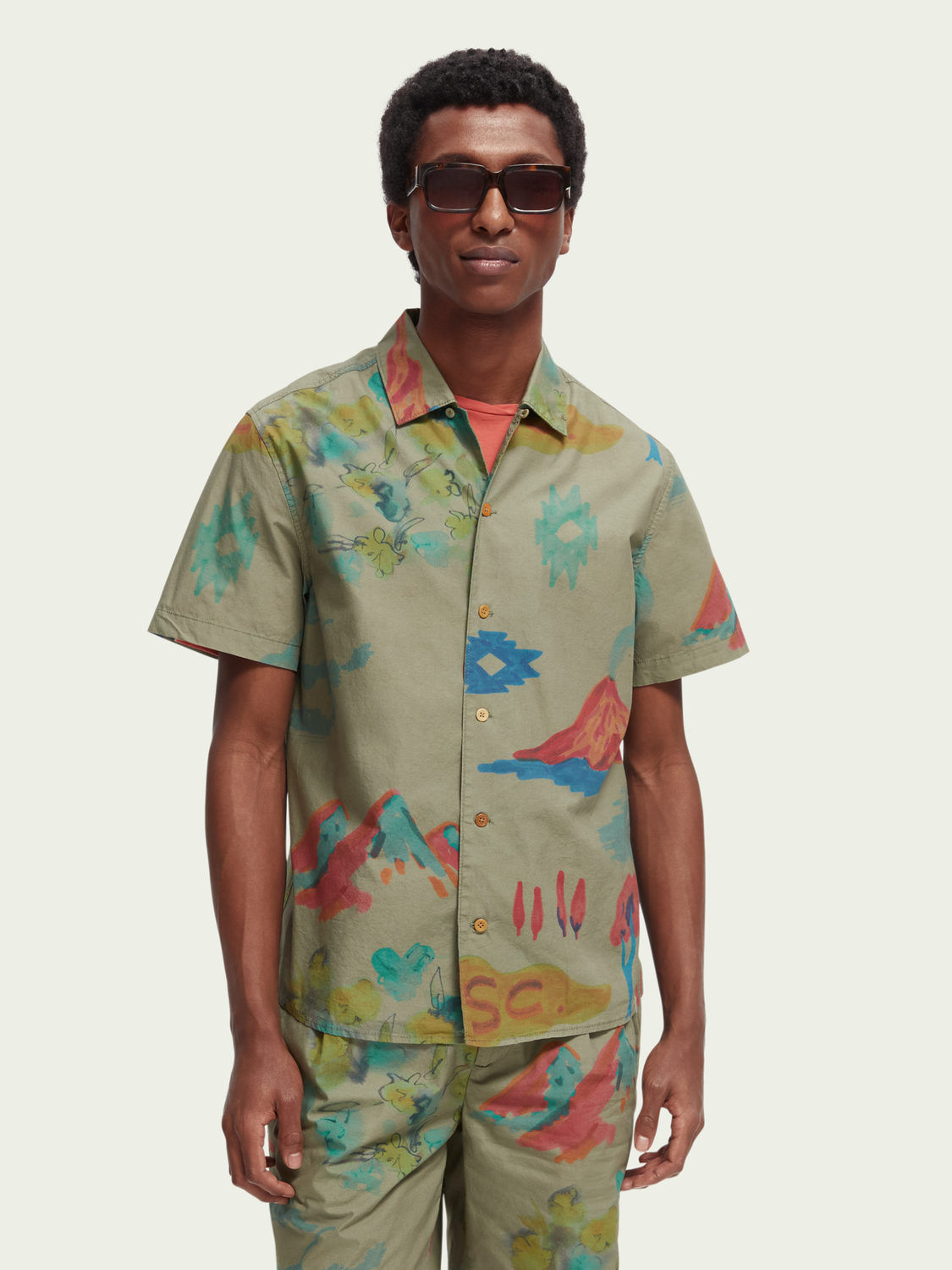 Scotch & Soda - Printed Poplin SS Shirt - Tent Green/Multi