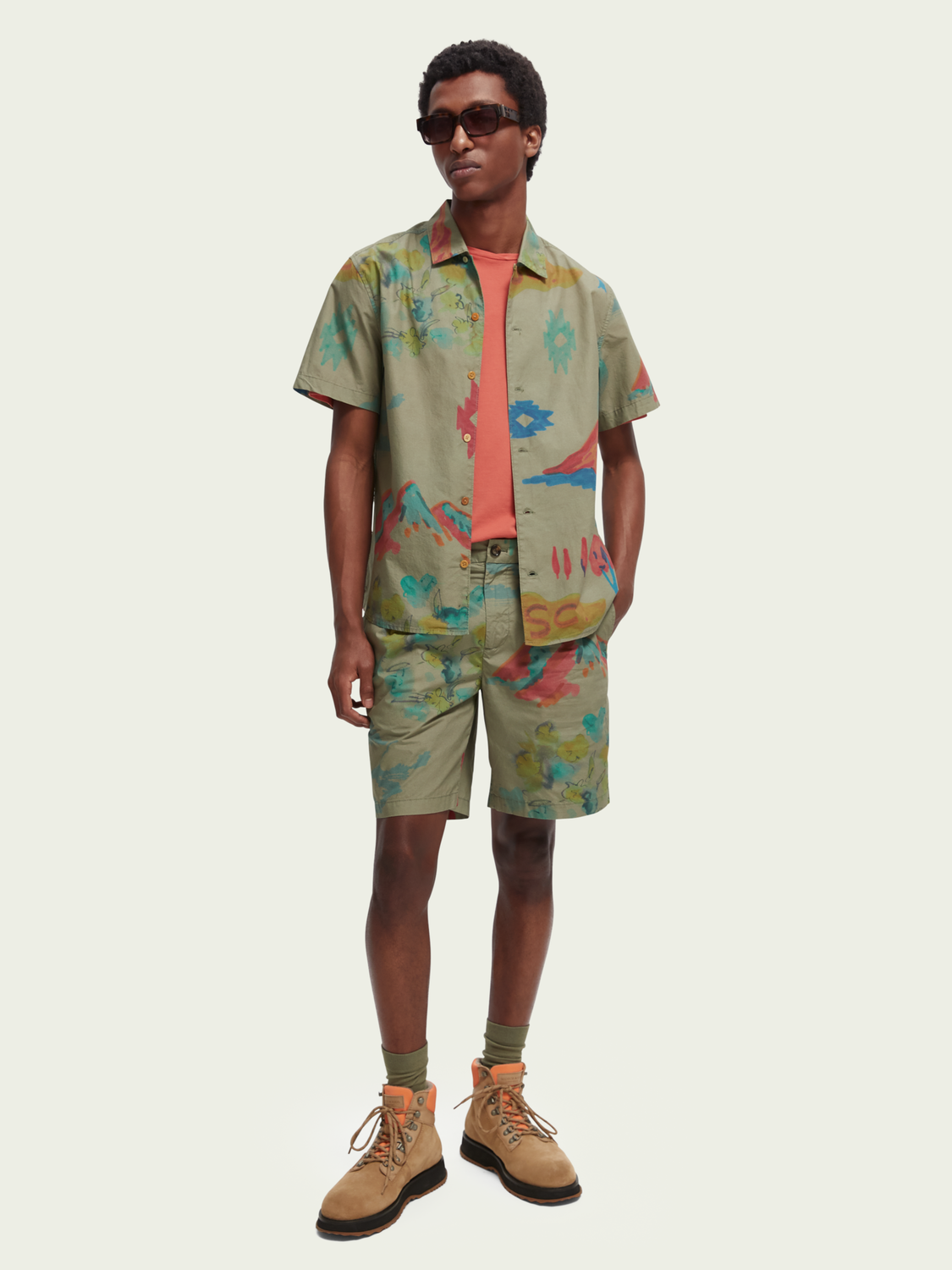 Scotch & Soda - Printed Poplin SS Shirt - Tent Green/Multi