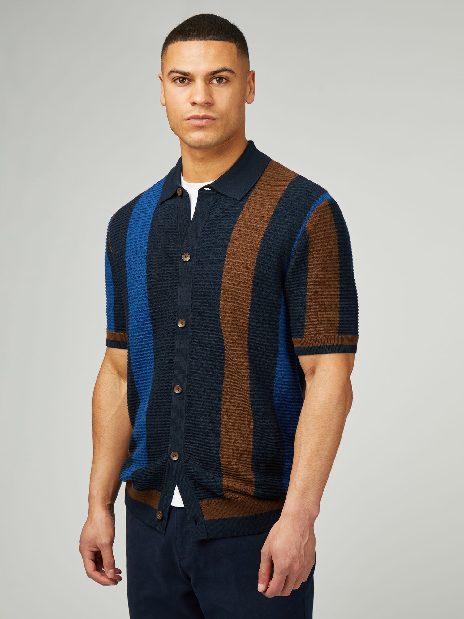 Ben Sherman - Textured Stripe Button Through Polo - Dark Navy