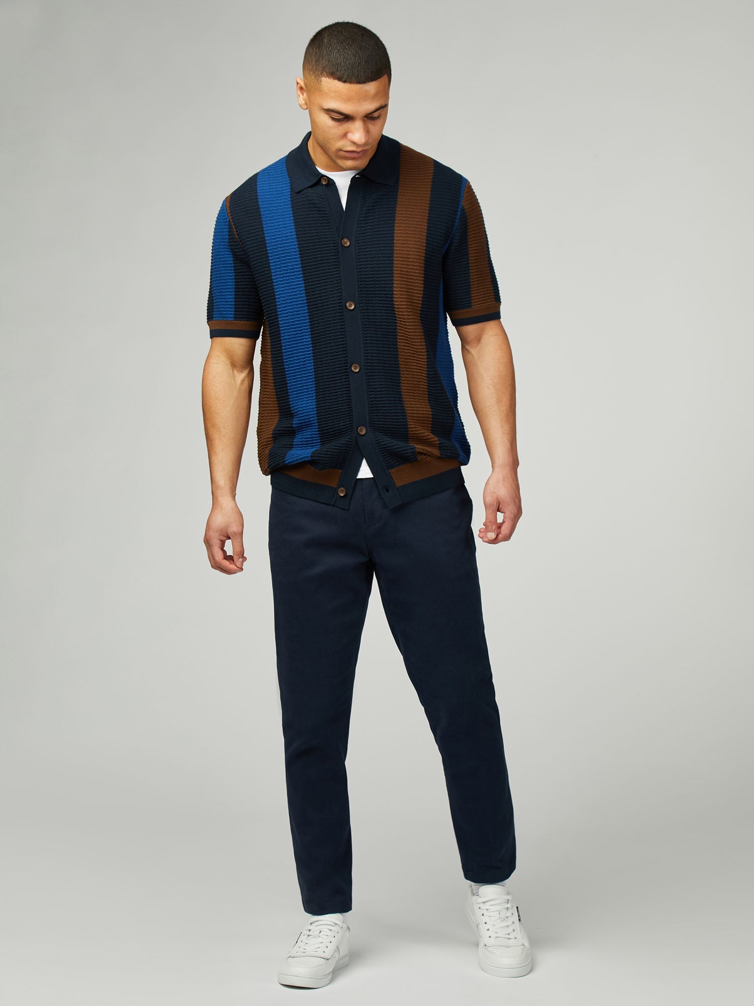 Ben Sherman - Textured Stripe Button Through Polo - Dark Navy