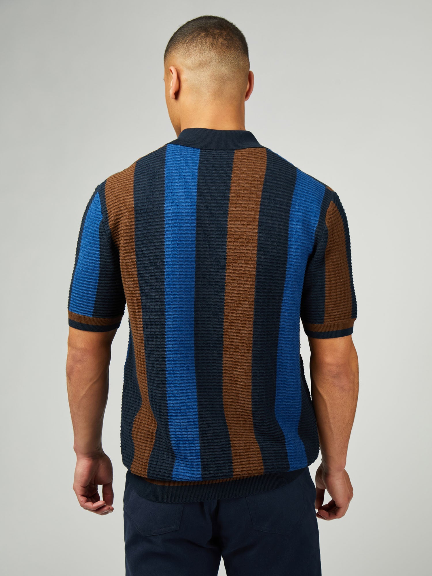 Ben Sherman - Textured Stripe Button Through Polo - Dark Navy