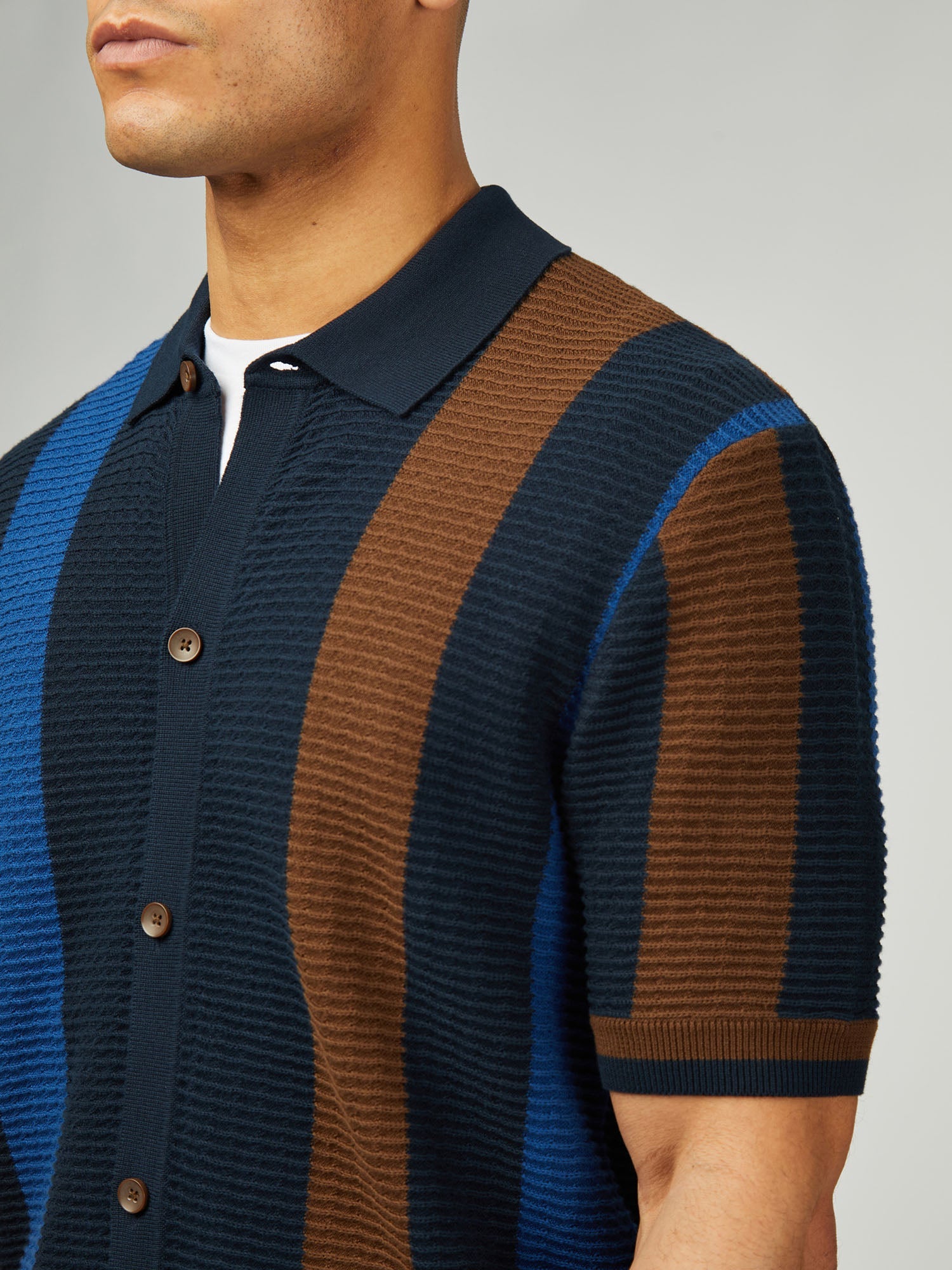 Ben Sherman - Textured Stripe Button Through Polo - Dark Navy