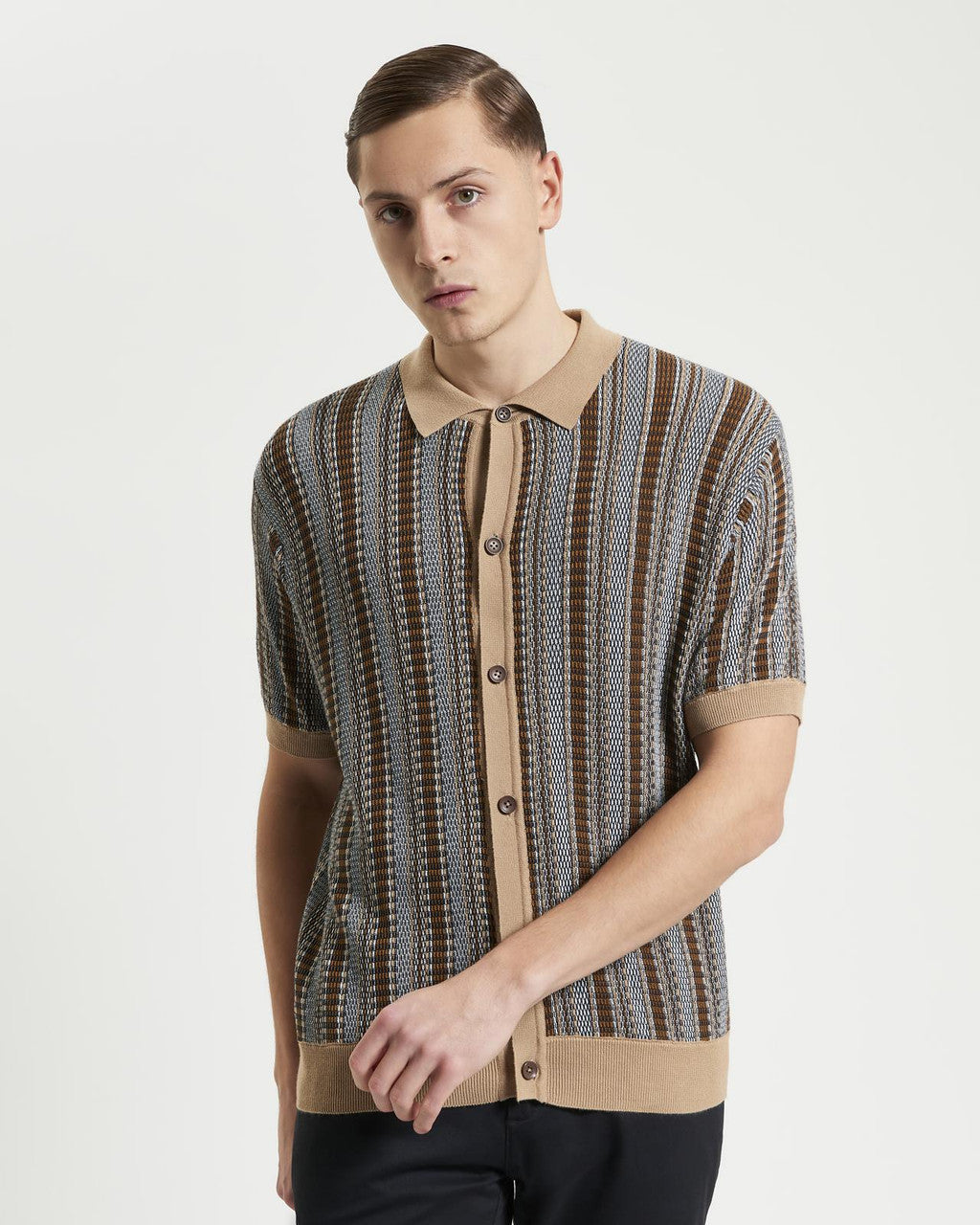 Ben Sherman - Textured Striped Knitted SS Shirt - Dark Navy