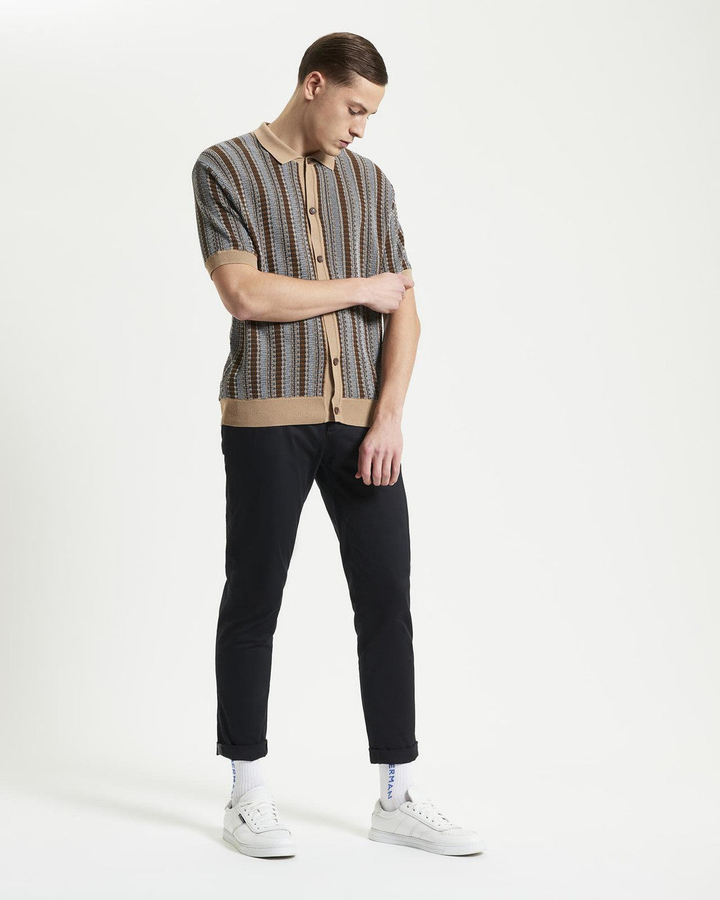 Ben Sherman - Textured Striped Knitted SS Shirt - Dark Navy