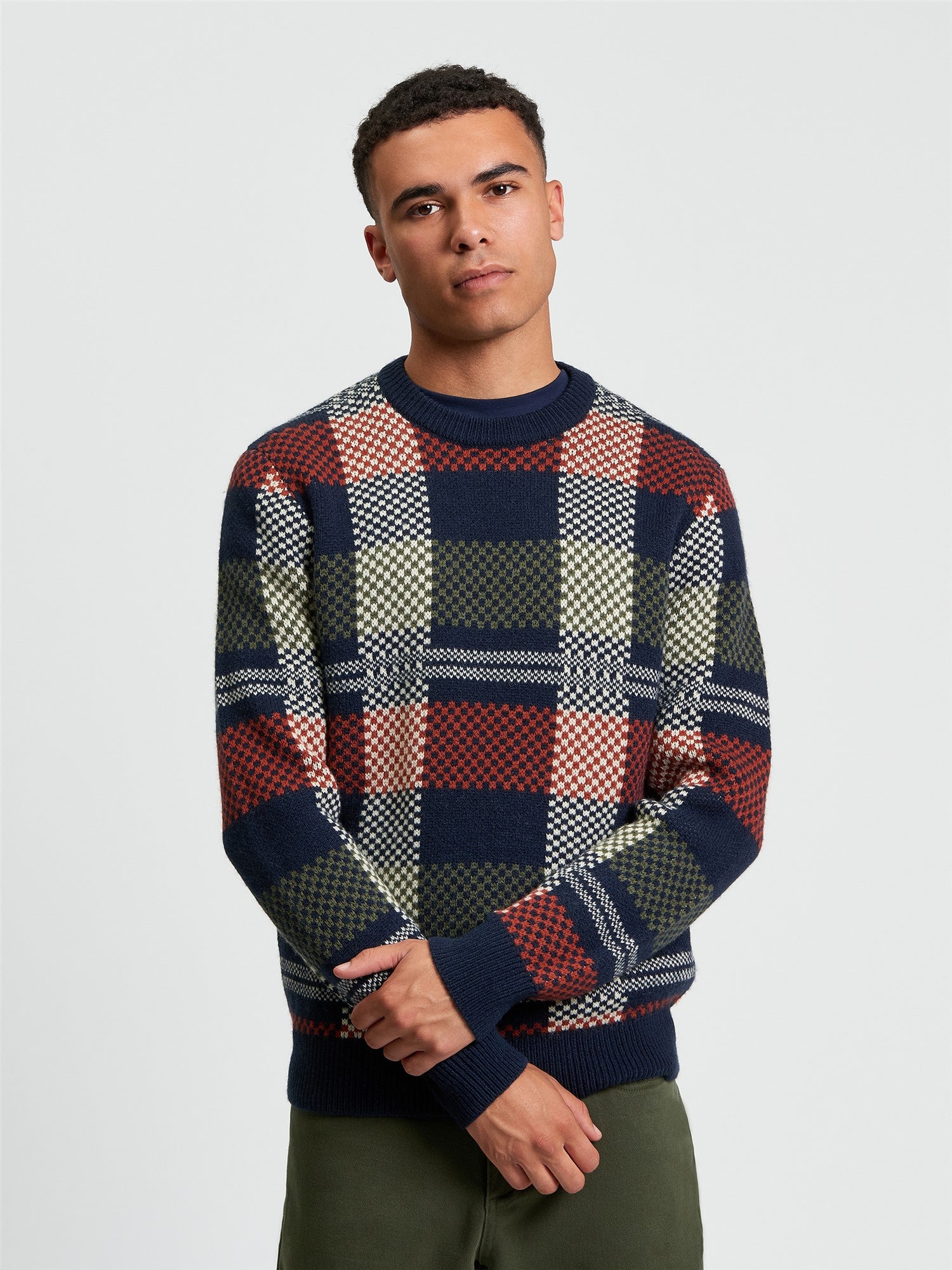 Ben Sherman - Jacquard Check Knitted Crew - Dark Navy