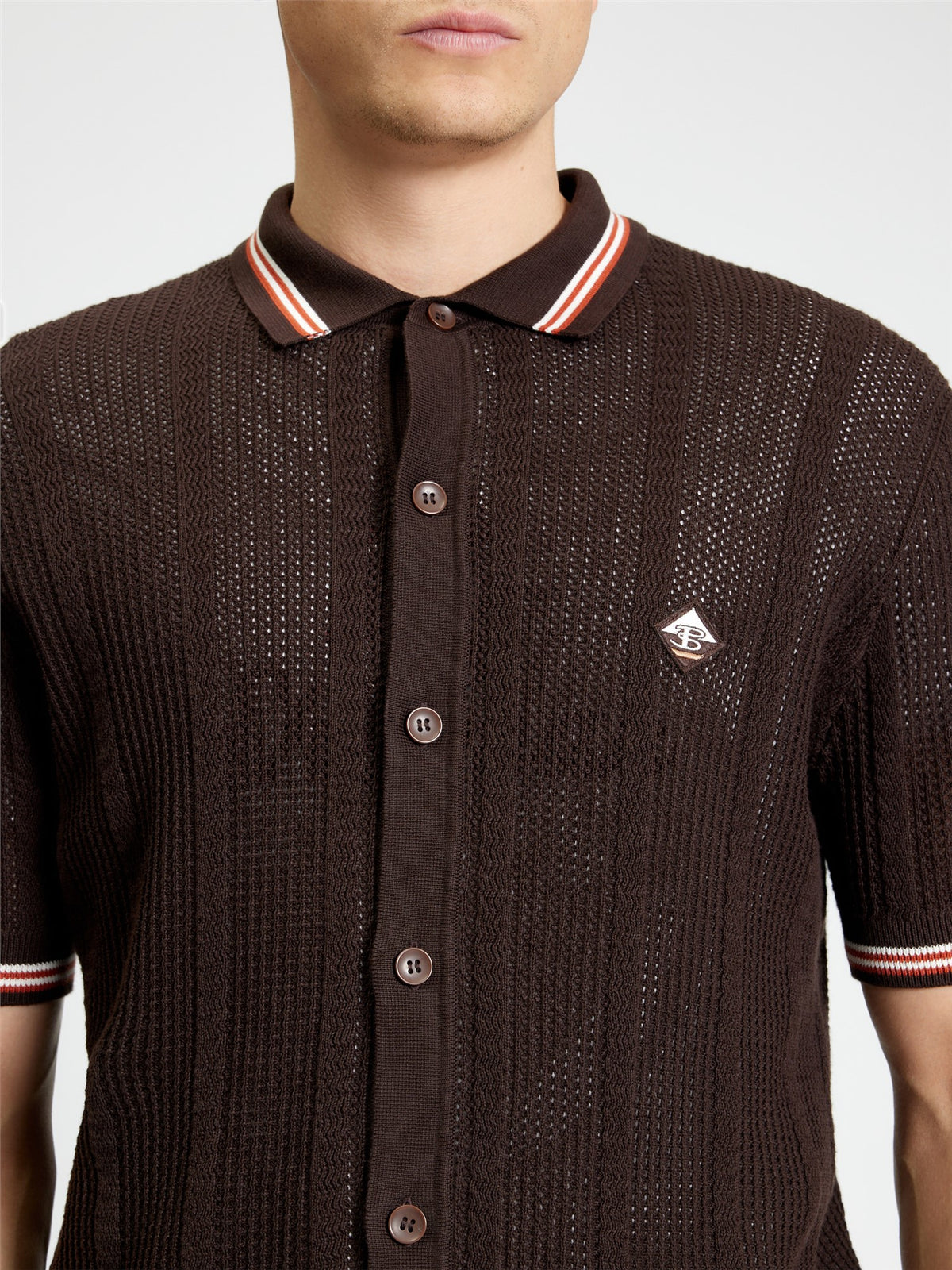 Ben Sherman - Open Texture Button Through Knitted SS Shirt - Coffee