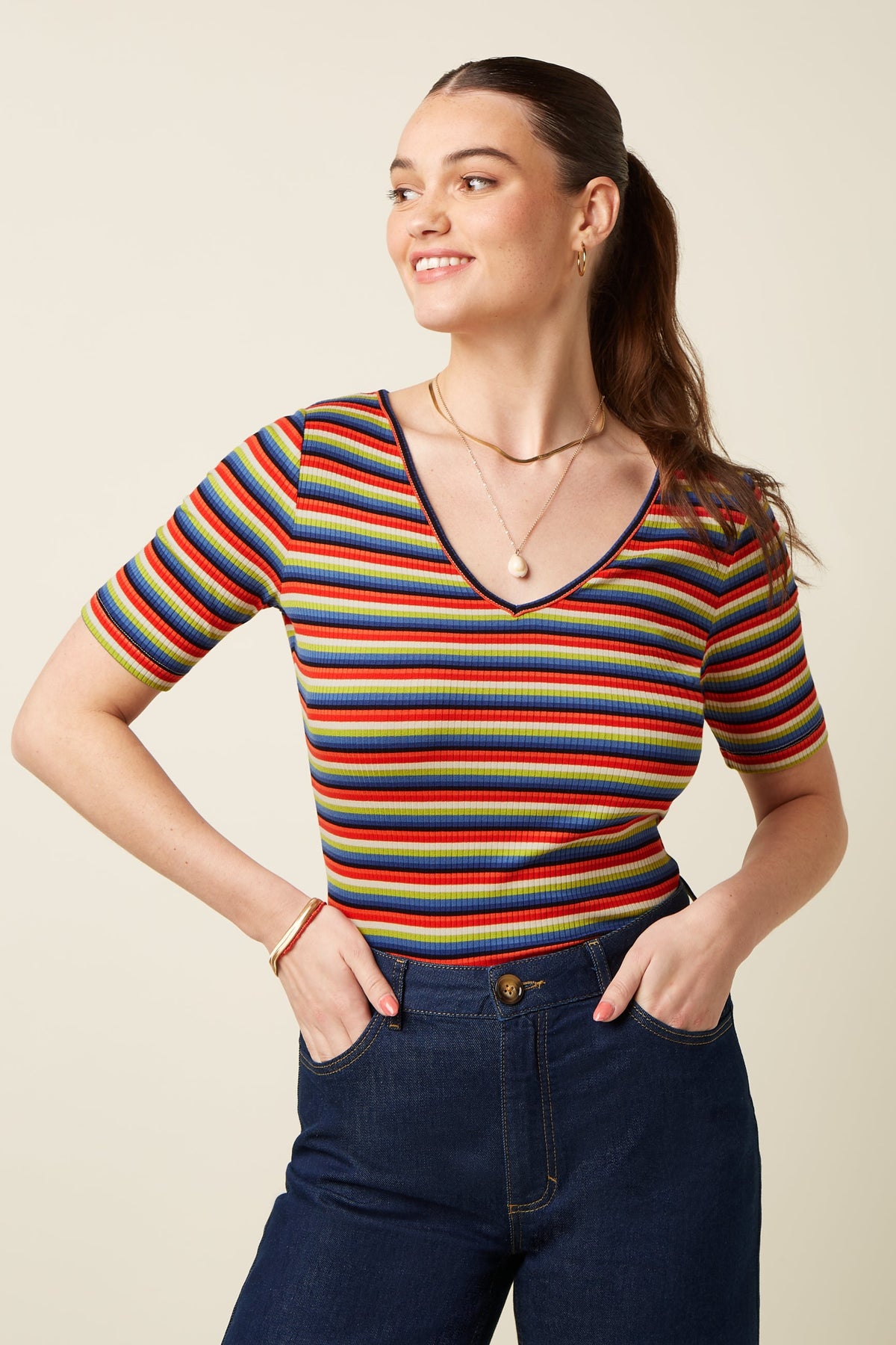 King Louie - Carice V-Neck Top Samui Stripe - Bluing