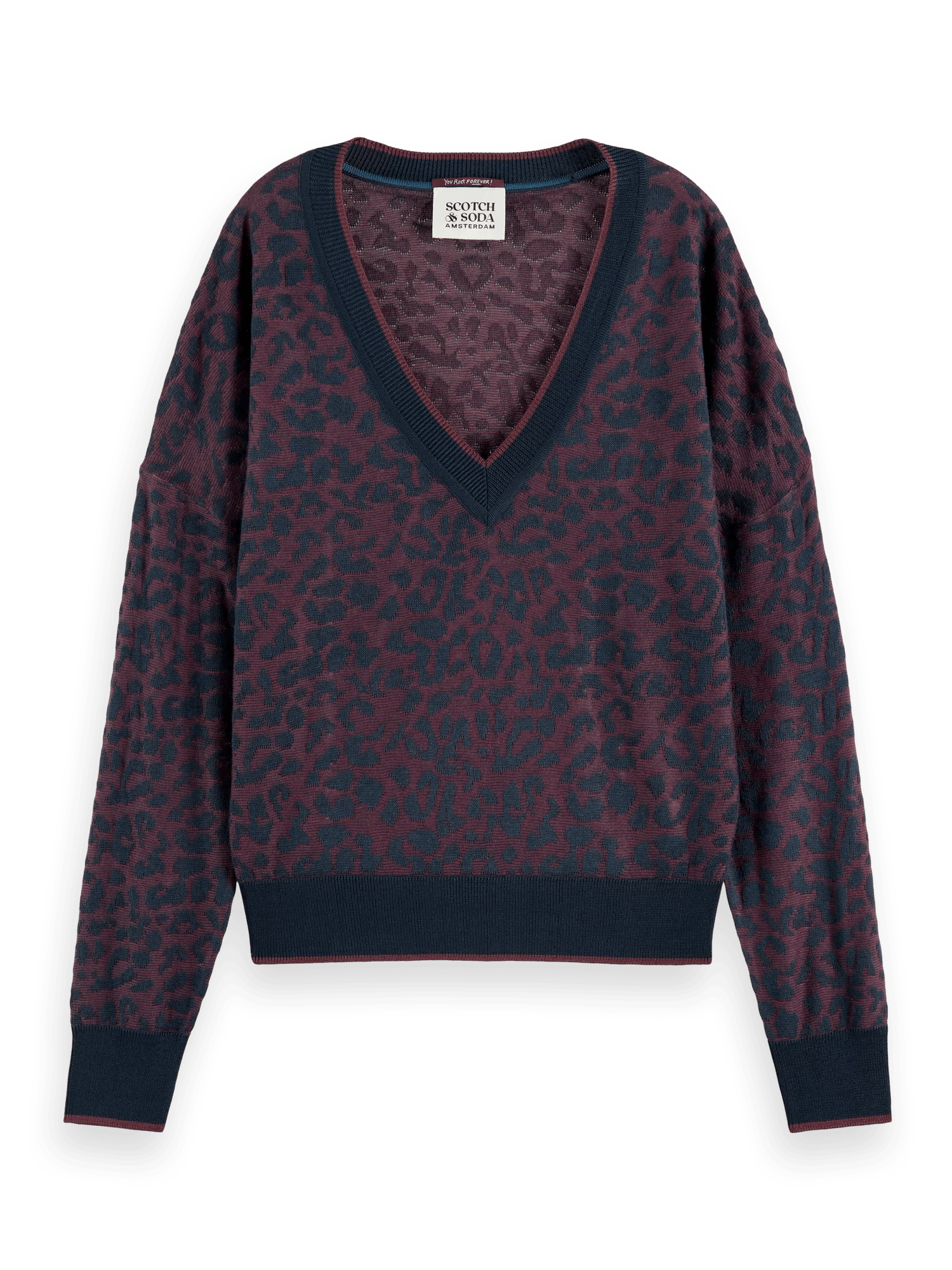 Maison Scotch - Animal Jacquard V-Neck Sweater - Bordeaux