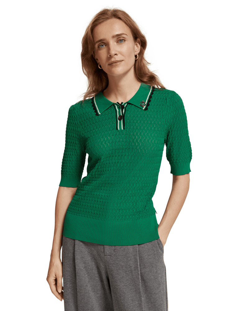 Maison Scotch - Pointelle Collared Knitted Polo - Pine Tree