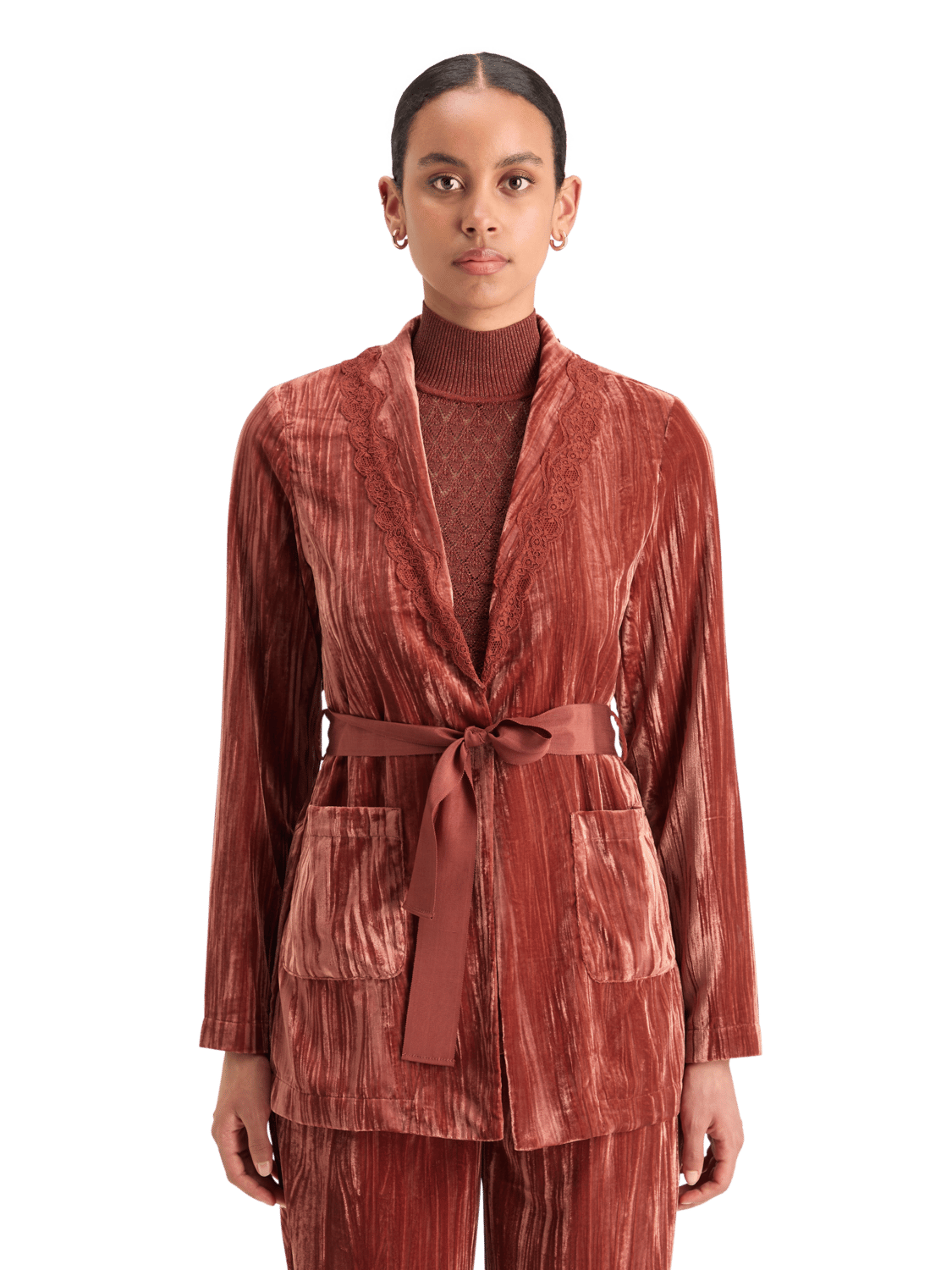 Maison Scotch - Lace Trimmed Velvet Pyjama Blazer - Rust