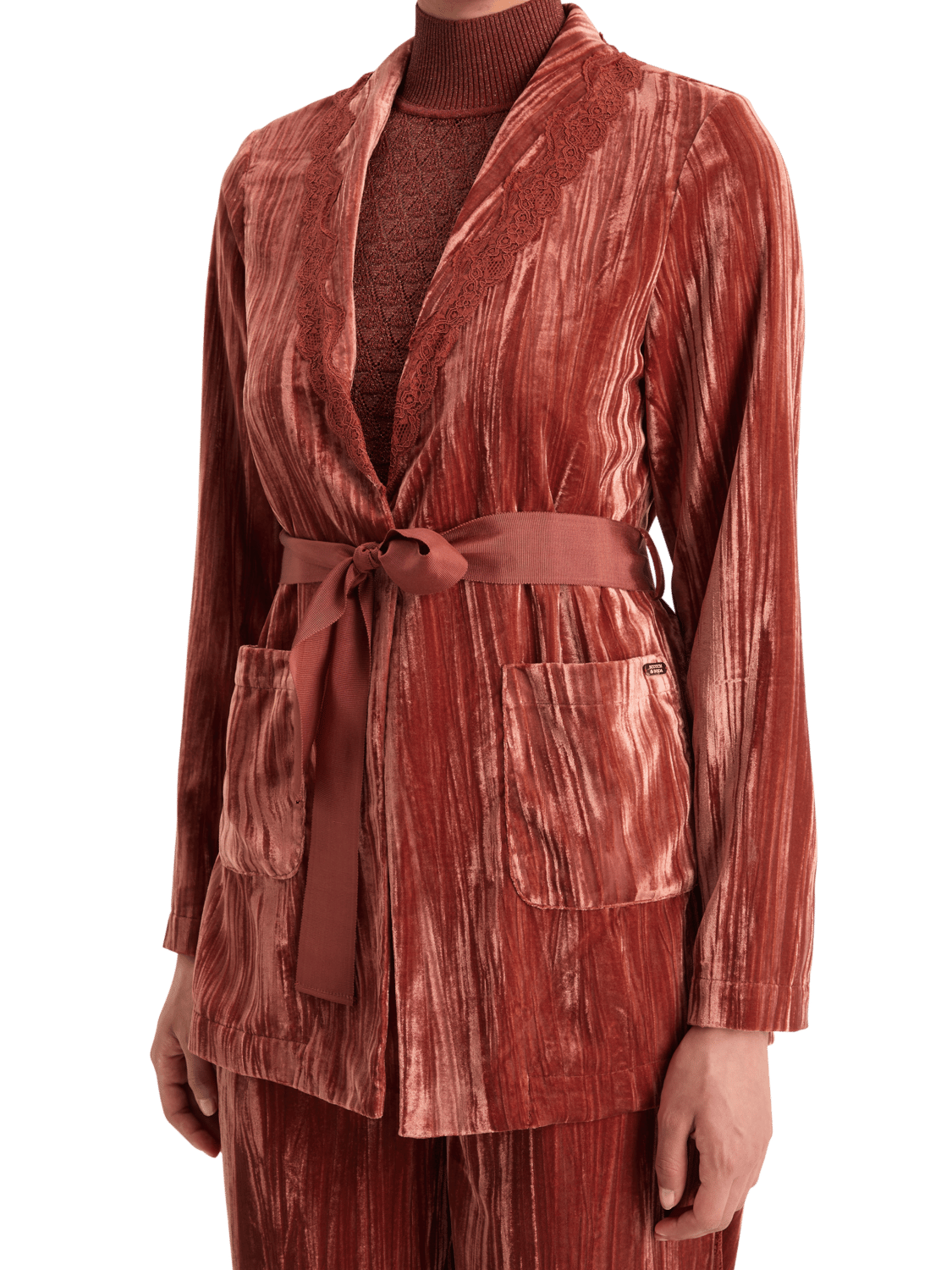 Maison Scotch - Lace Trimmed Velvet Pyjama Blazer - Rust