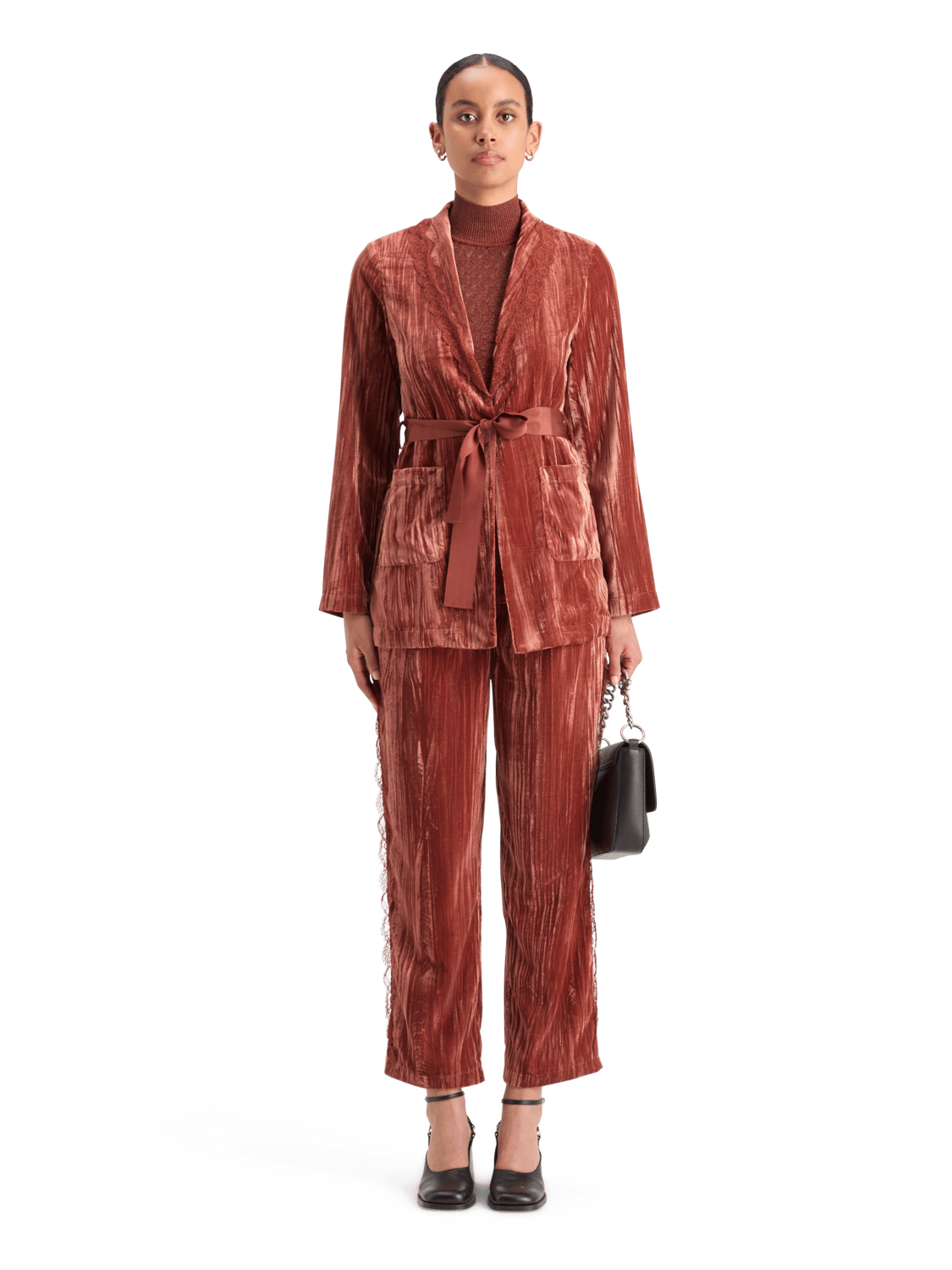 Maison Scotch - Lace Trimmed Velvet Pyjama Blazer - Rust