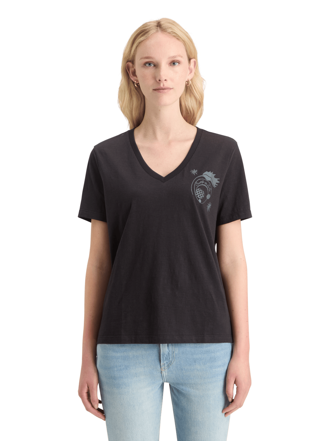 Maison Scotch - Regular Fit Slub Artwork V-Neck Tee - Evening Black