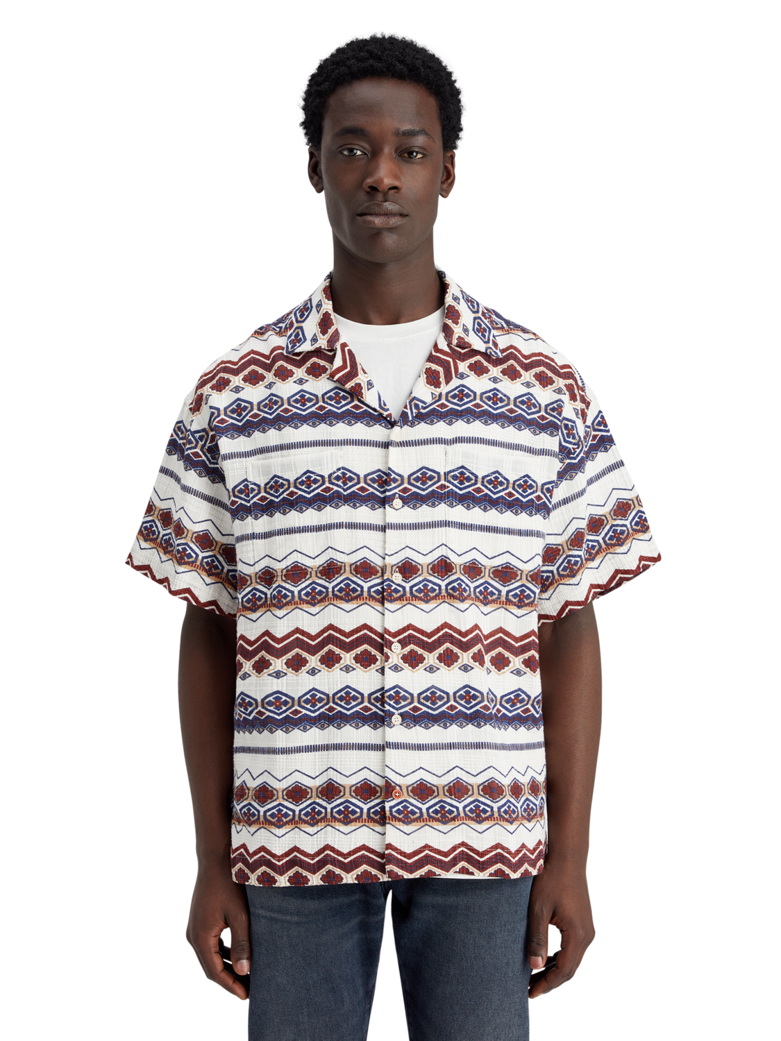 Scotch & Soda - Printed Striped SS Shirt - Red Blue Multi