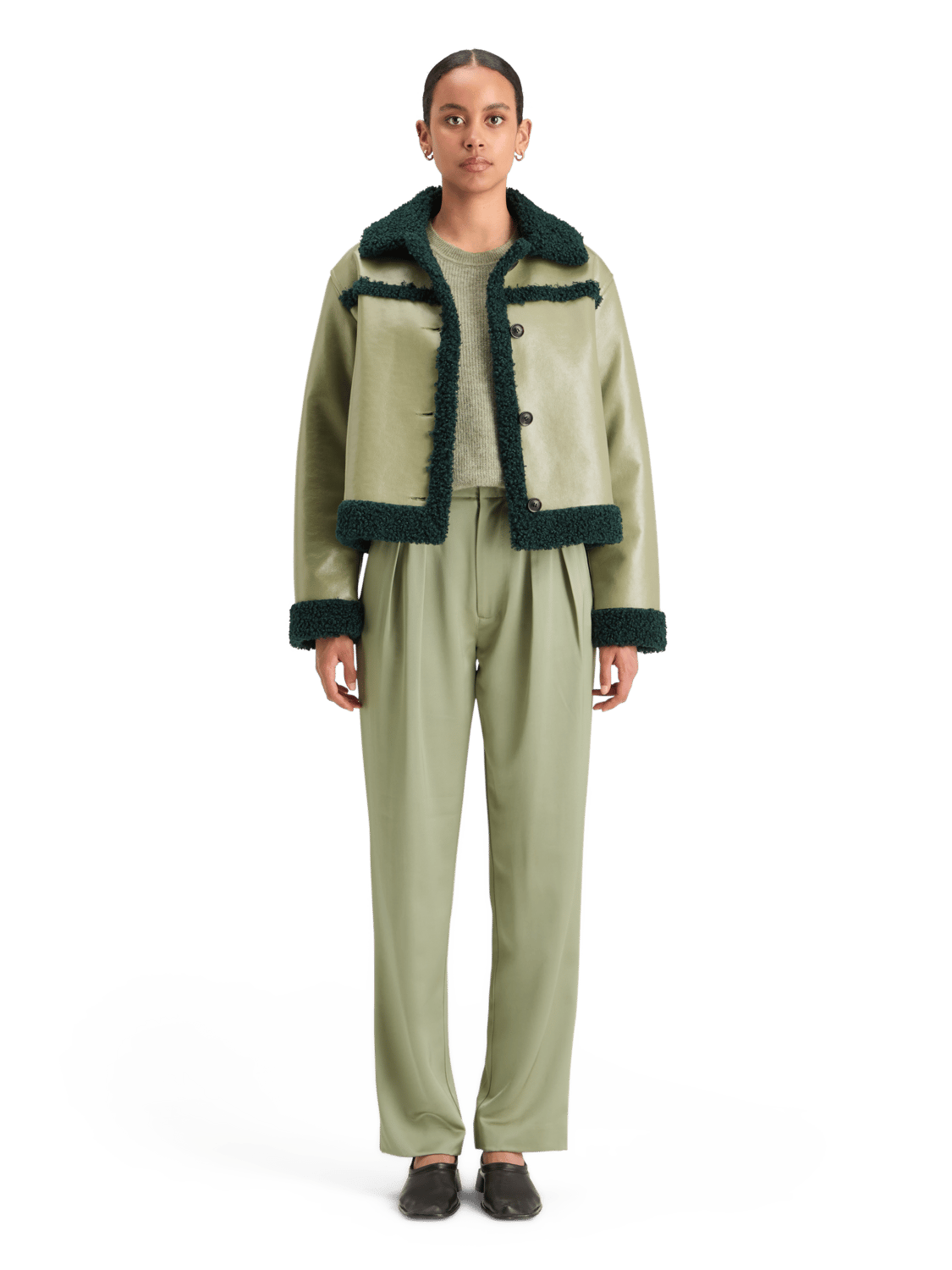 Maison Scotch - Shearling Vinyl Aviator Jacket - Washed Sage