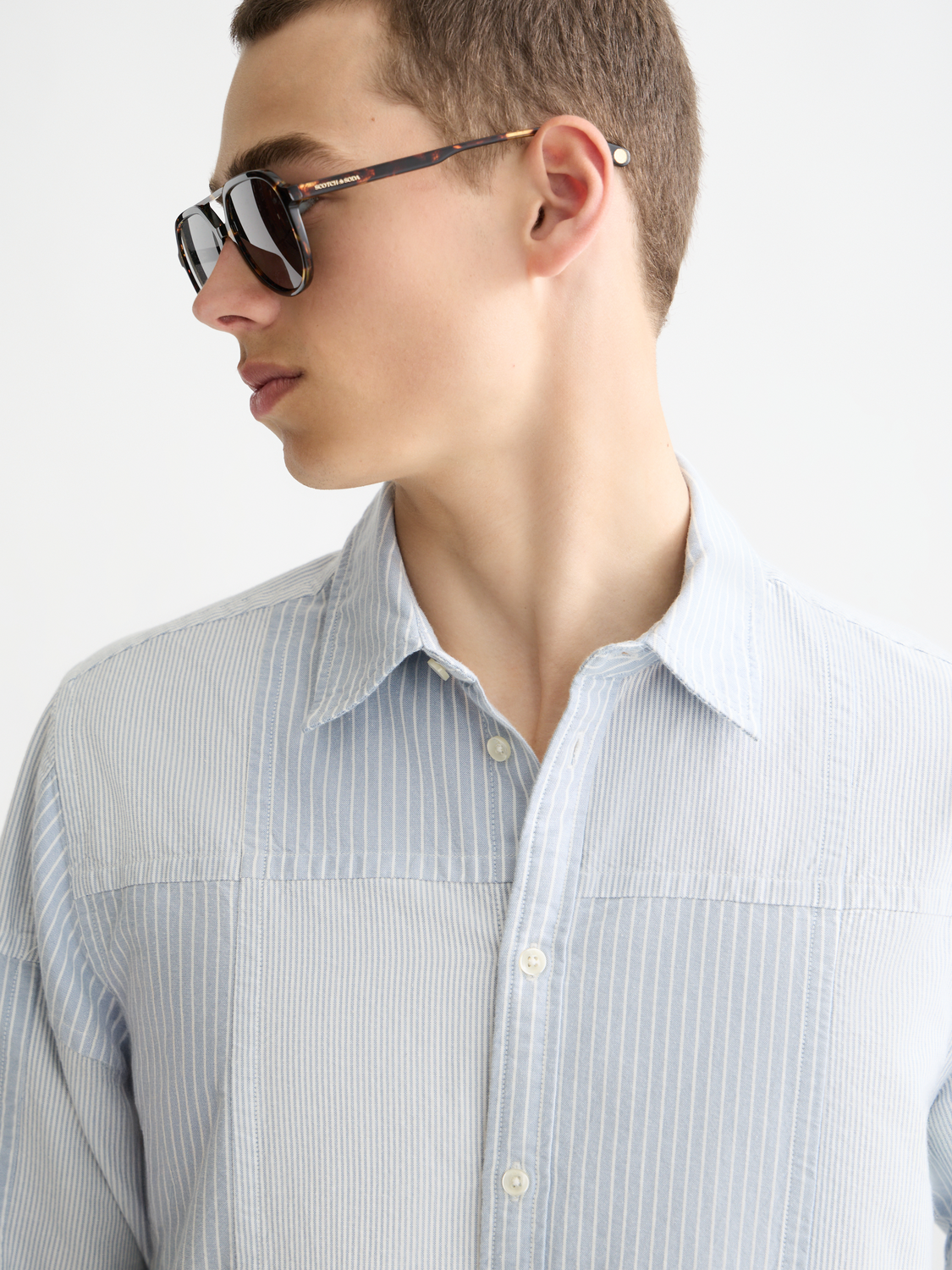 Scotch & Soda - Patchwork Relaxed Fit Oxford Shirt - Blue/Blue Stripe