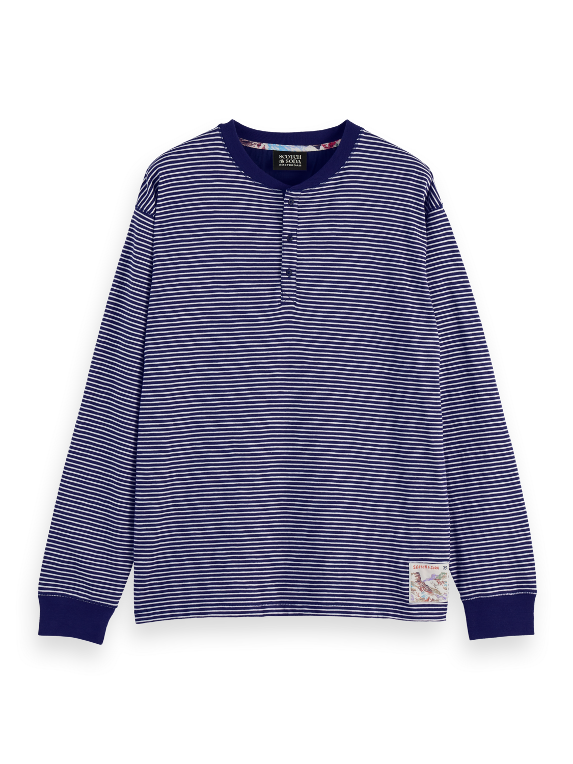 Scotch & Soda - Relaxed Fit Striped Henley LS Tee - Navy/White Stripe