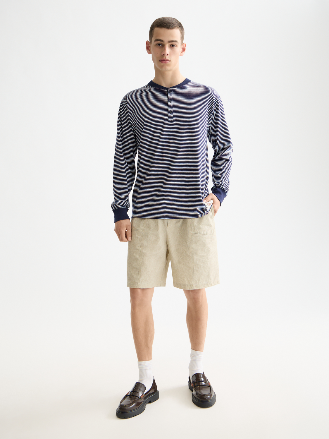 Scotch & Soda - Relaxed Fit Striped Henley LS Tee - Navy/White Stripe