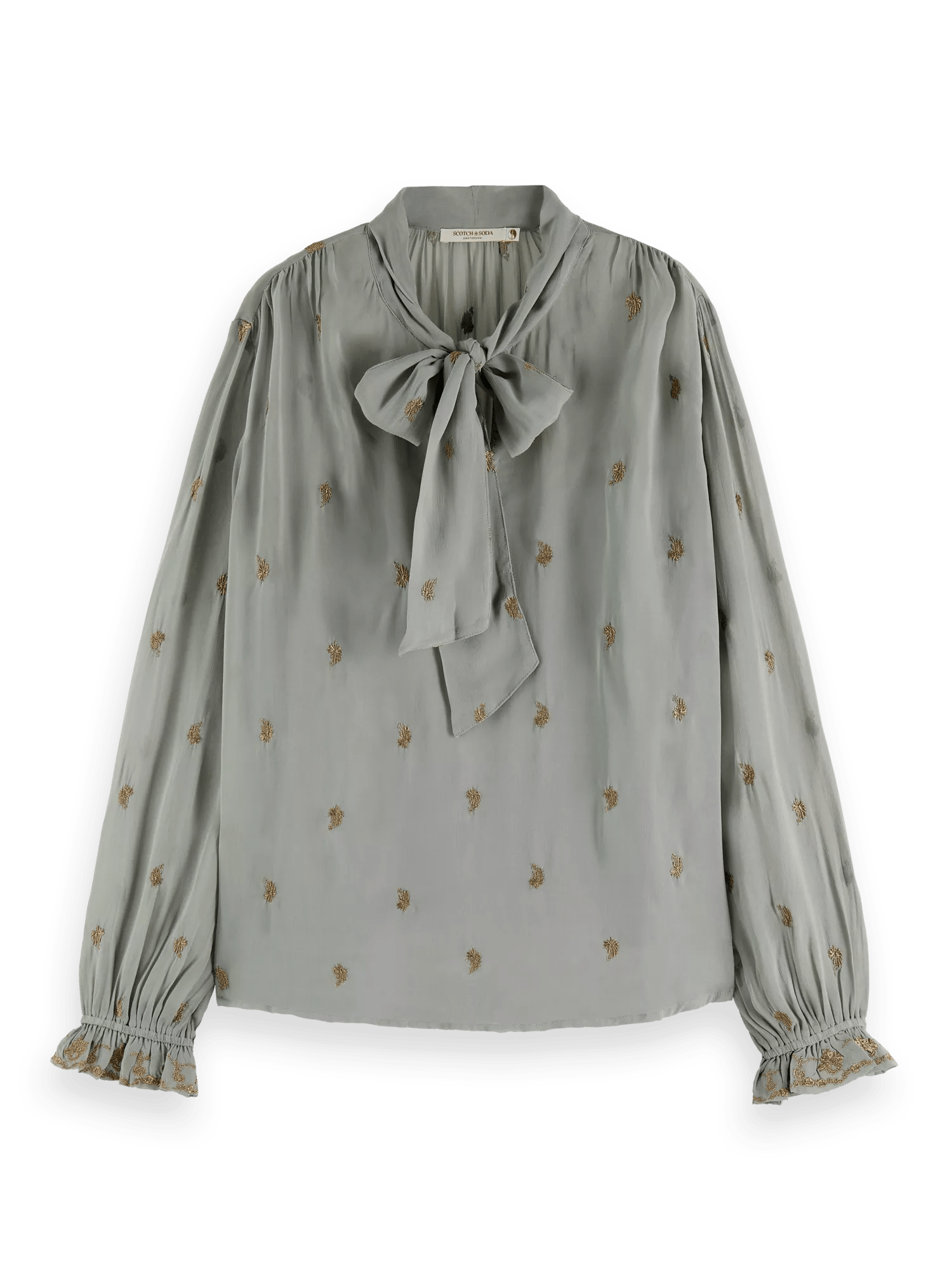 Maison Scotch - Embroidered Neck-Tie Blouse - Grey Sheer Jacquard