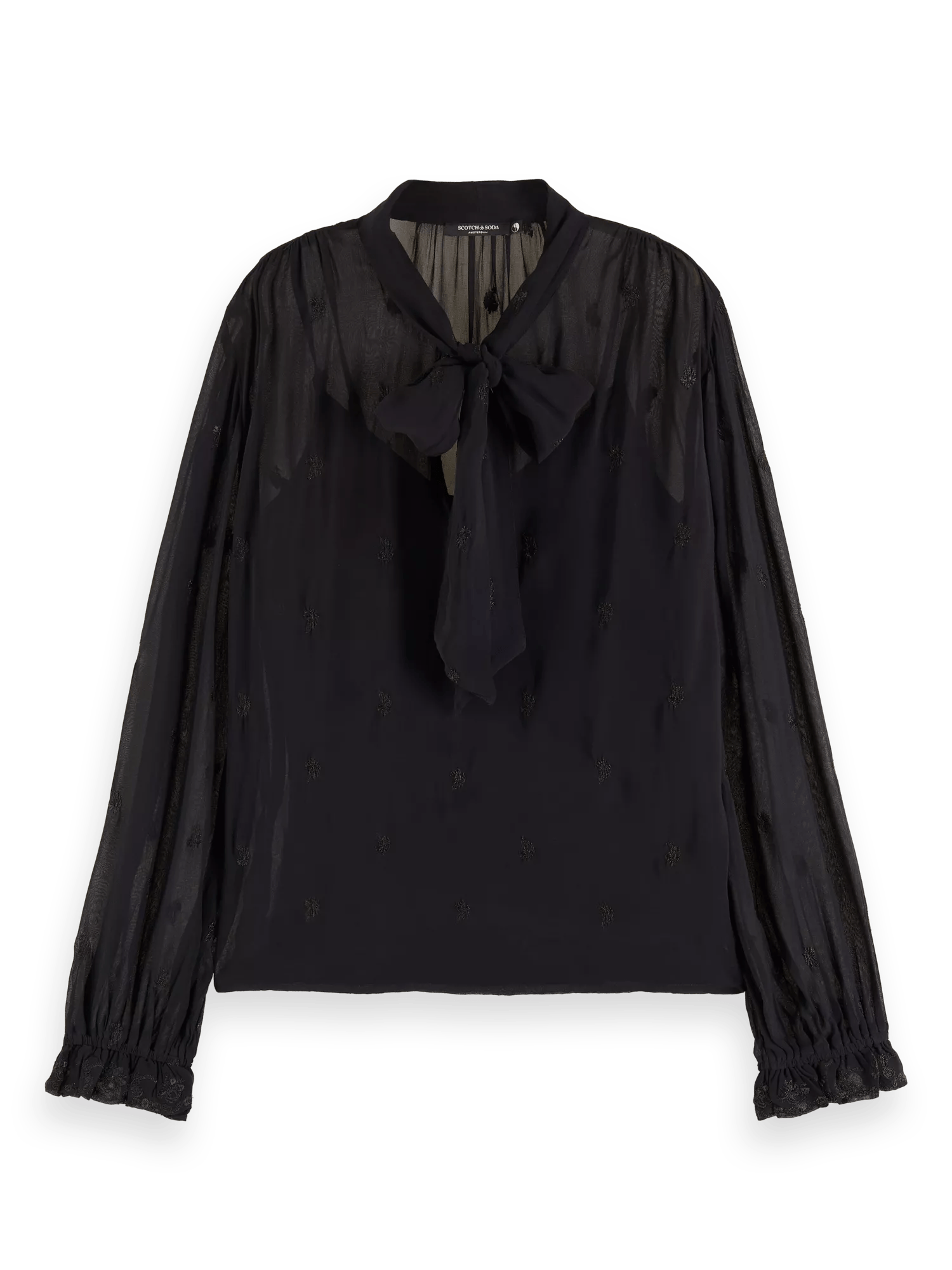 Maison Scotch - Embroidered Neck-Tie Blouse - Black Sheer Jacquard