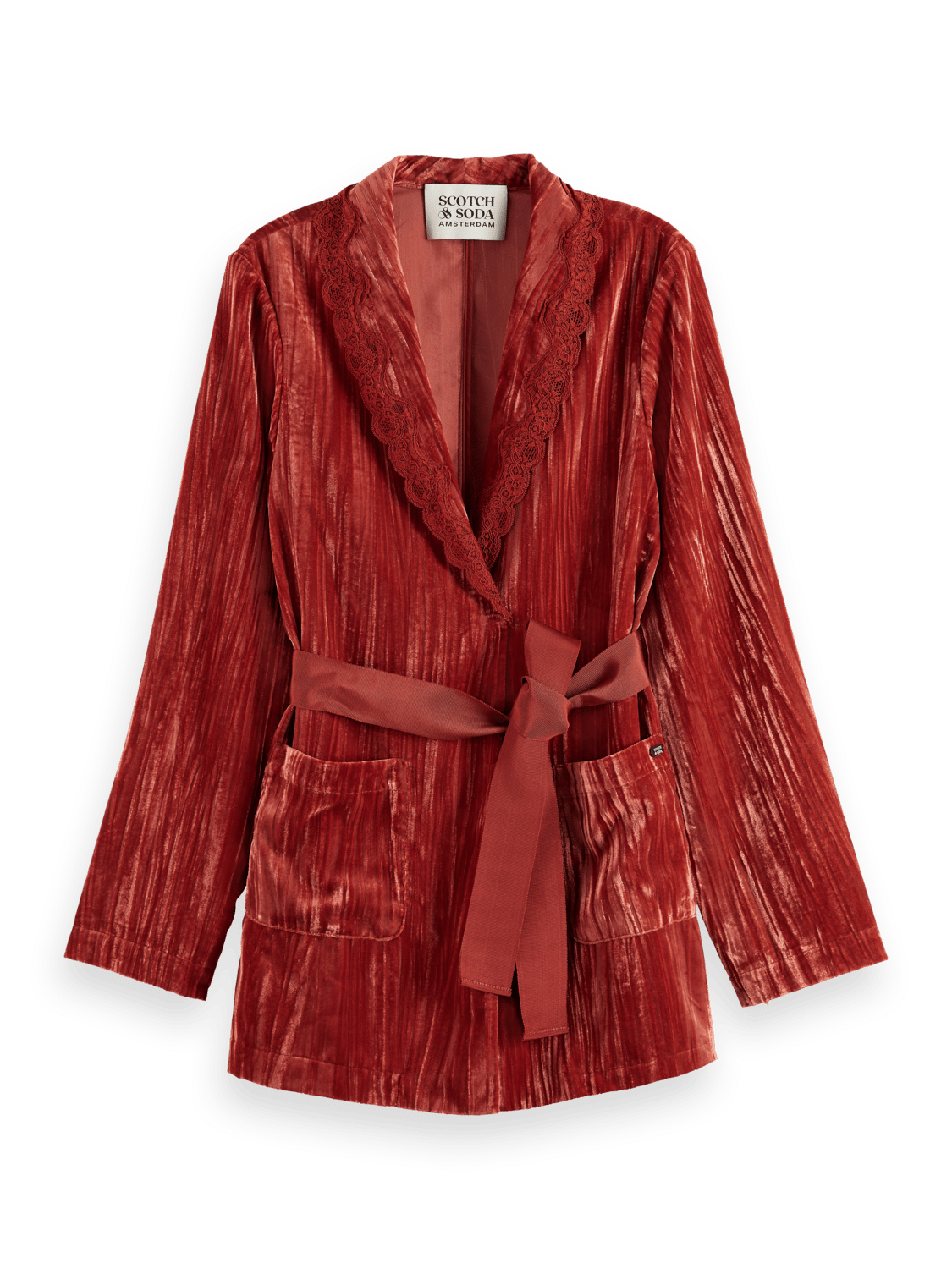 Maison Scotch - Lace Trimmed Velvet Pyjama Blazer - Rust