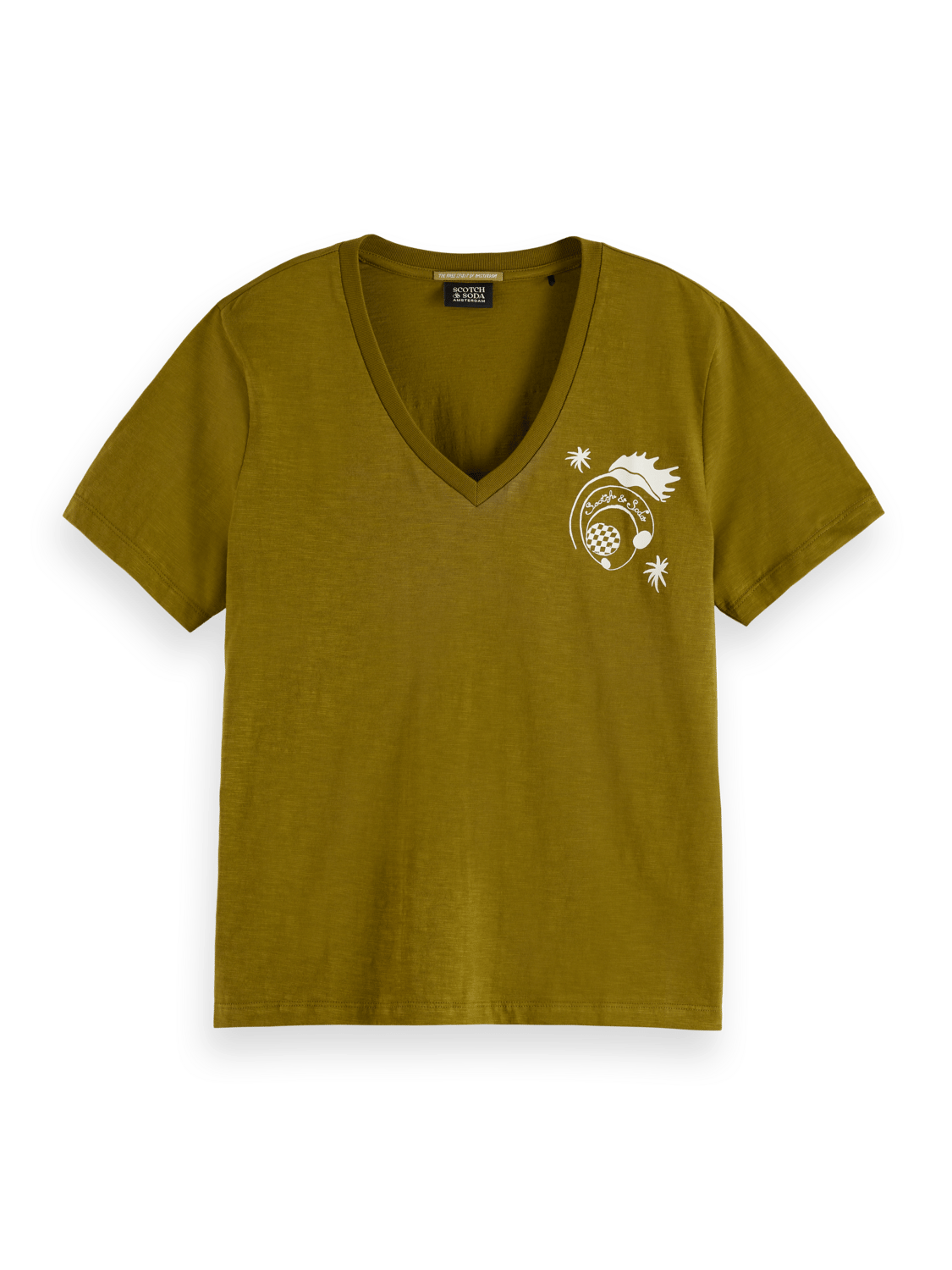 Maison Scotch - Regular Fit Slub Artwork V-Neck Tee - Olive