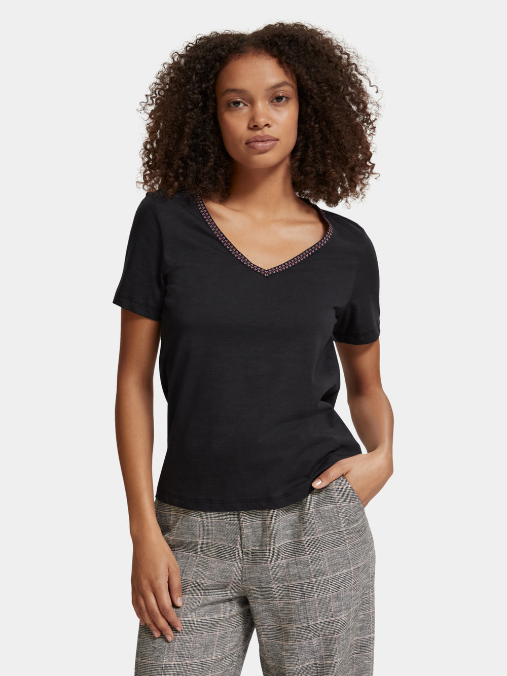 Maison Scotch - Woven Trim V-Neck Tee - Evening Black