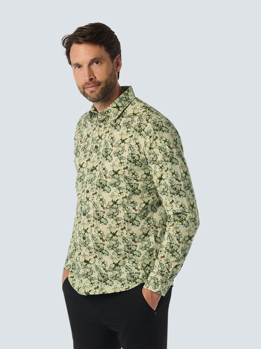 No Excess - Allover Floral Print LS Shirt - Cement