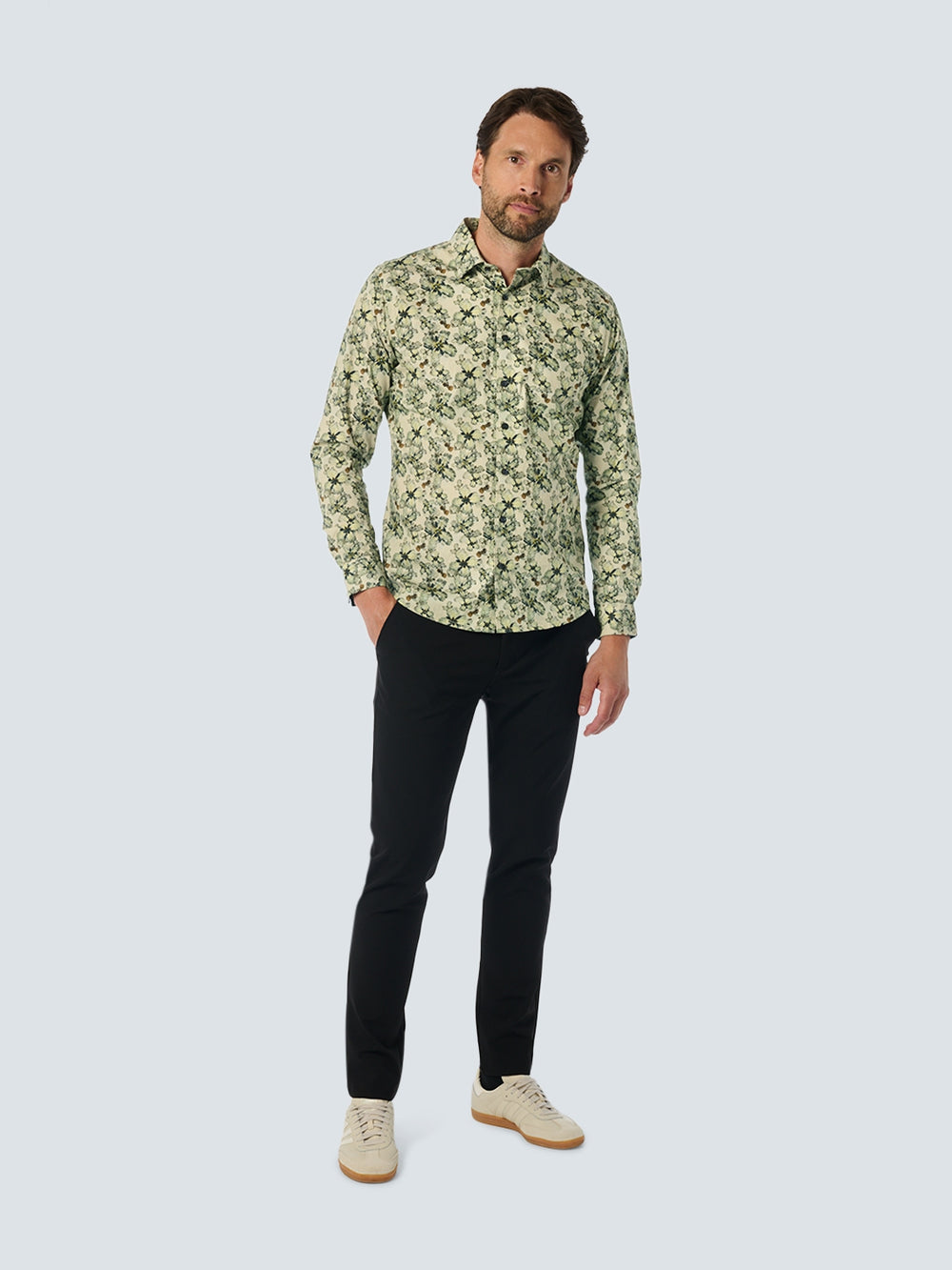 No Excess - Allover Floral Print LS Shirt - Cement