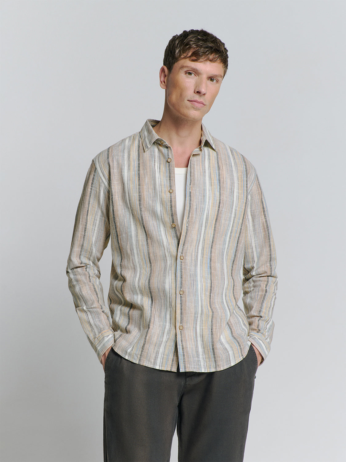 No Excess -  Slub Multi Coloured Stripes Shirt - Blue