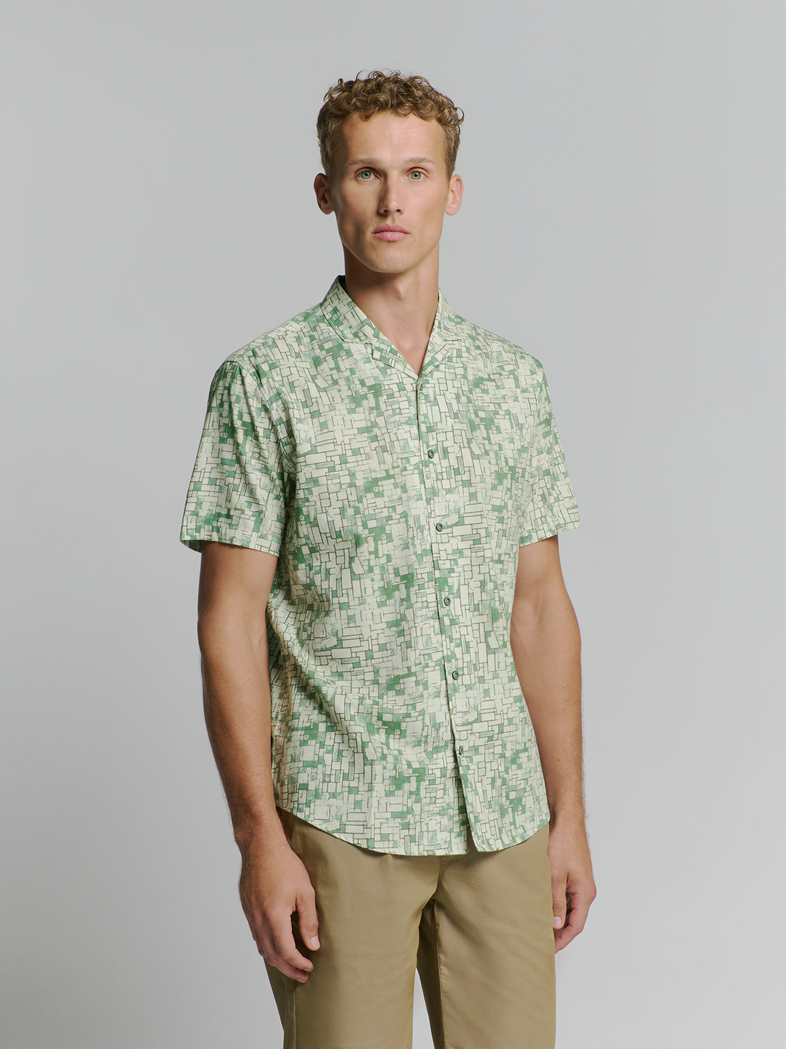 No Excess - Revers Collar Print SS Shirt - Green