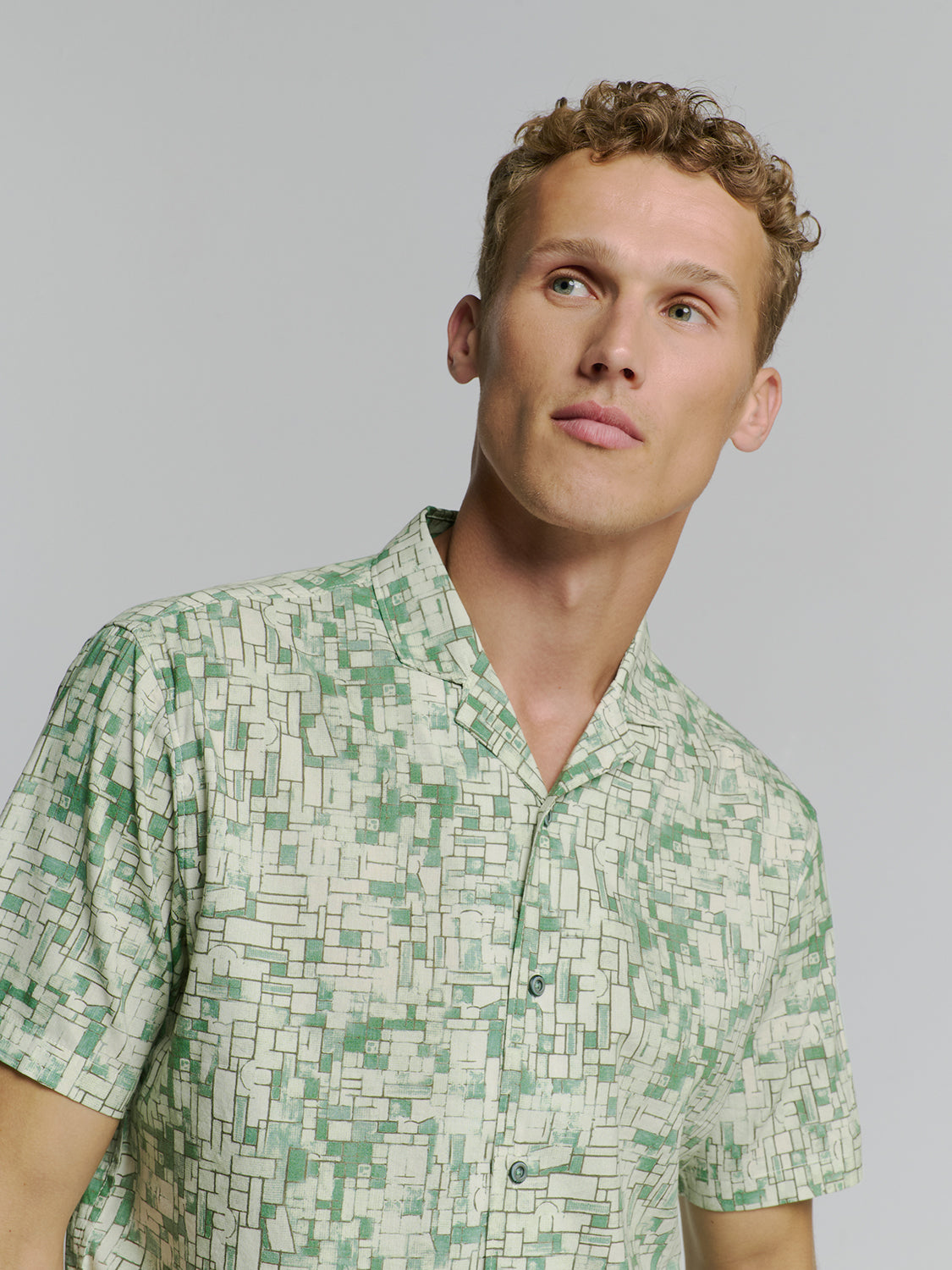 No Excess - Revers Collar Print SS Shirt - Green