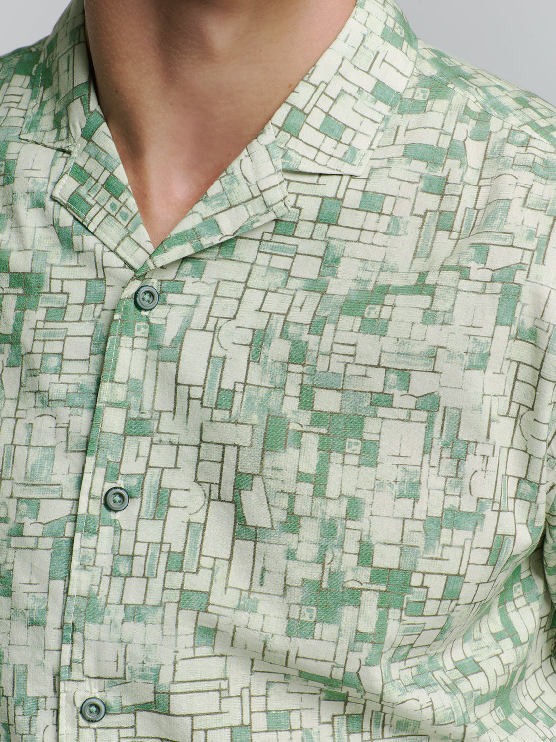 No Excess - Revers Collar Print SS Shirt - Green