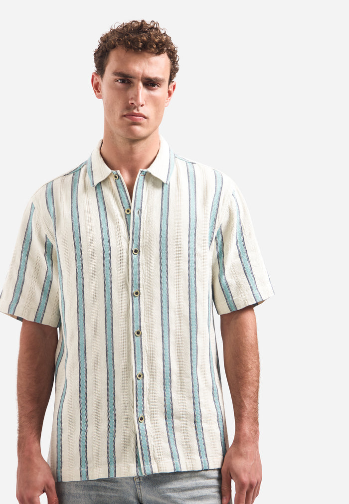 No Excess - Woven Stripe SS Shirt - Seablue