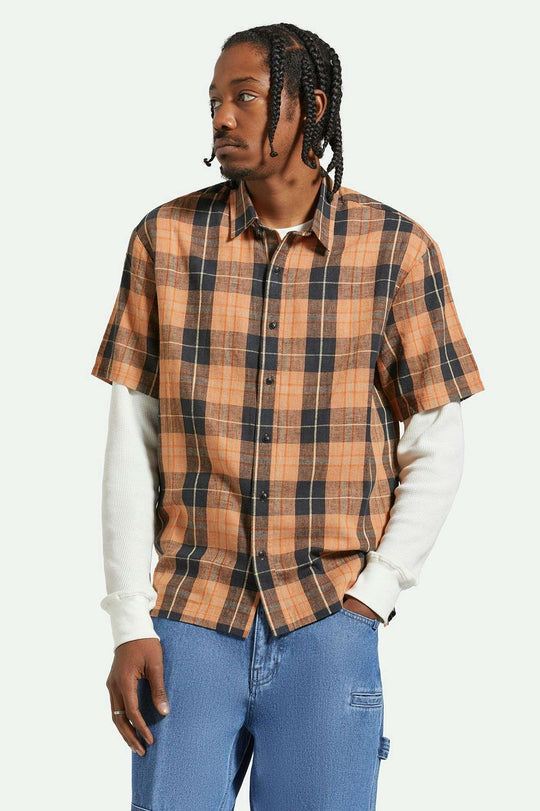 Brixton - Cru Linen Blend SS Woven Shirt - Black/Rust Orange