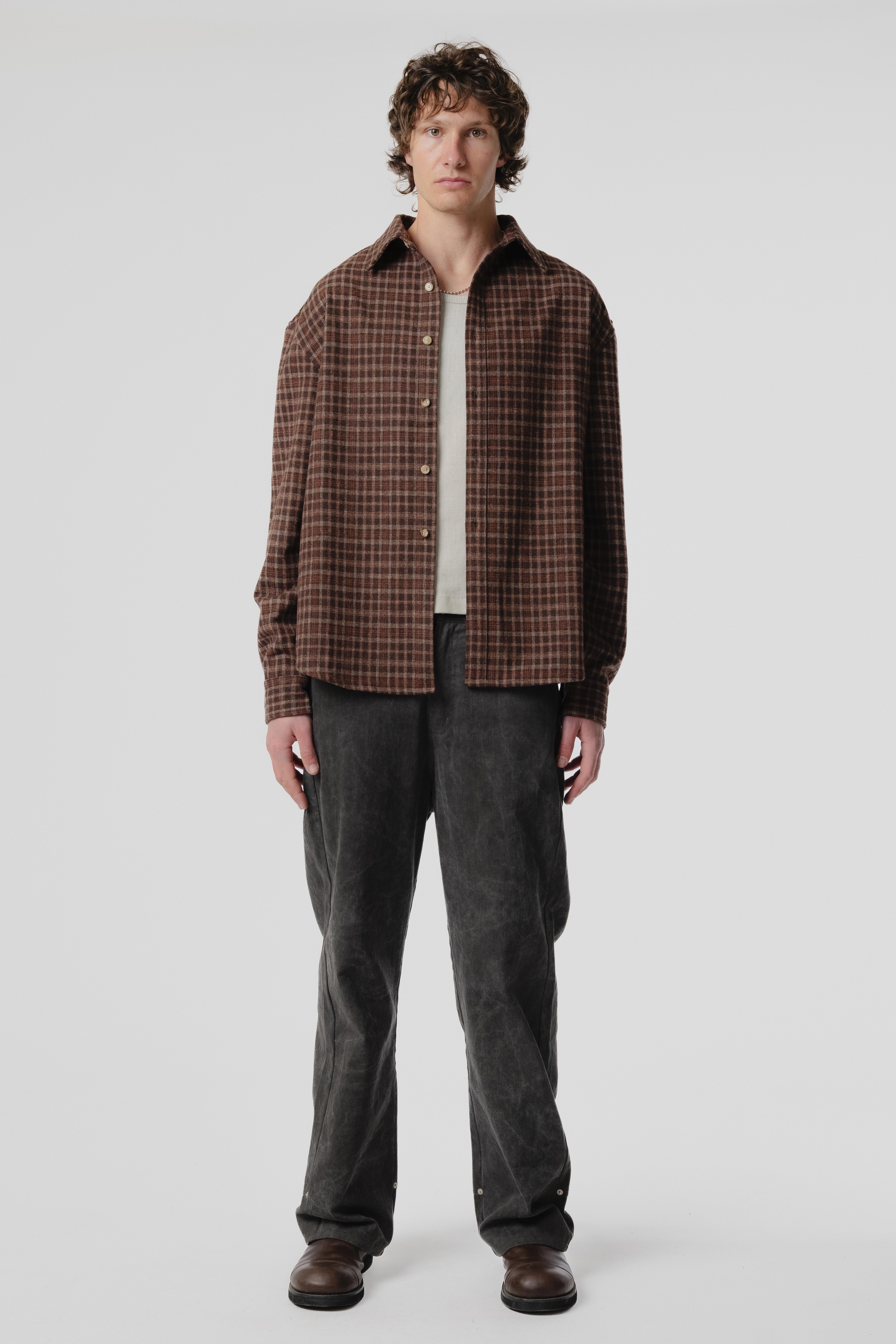 Beach Brains - Drop LS Shirt - Brown Plaid