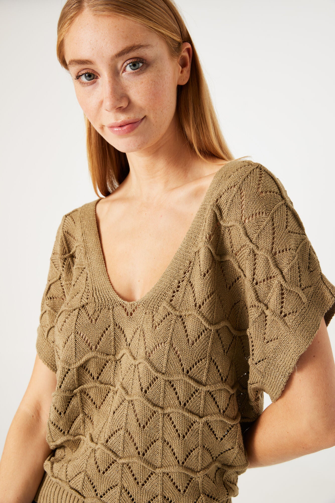 Garcia - Openwork SS Knit Top - Khaki